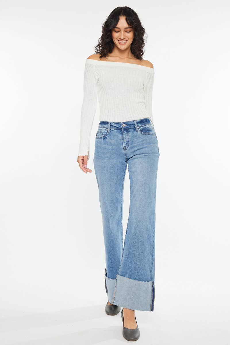Kan Can Mid Rise Wide Flare Cuff Western Jeans — Medium Wash Stretch Denim, 5 Pocket, Cuffed Raw Hem (sizes 1, 11 and 13 remain) - Rooted & Reckless Co.