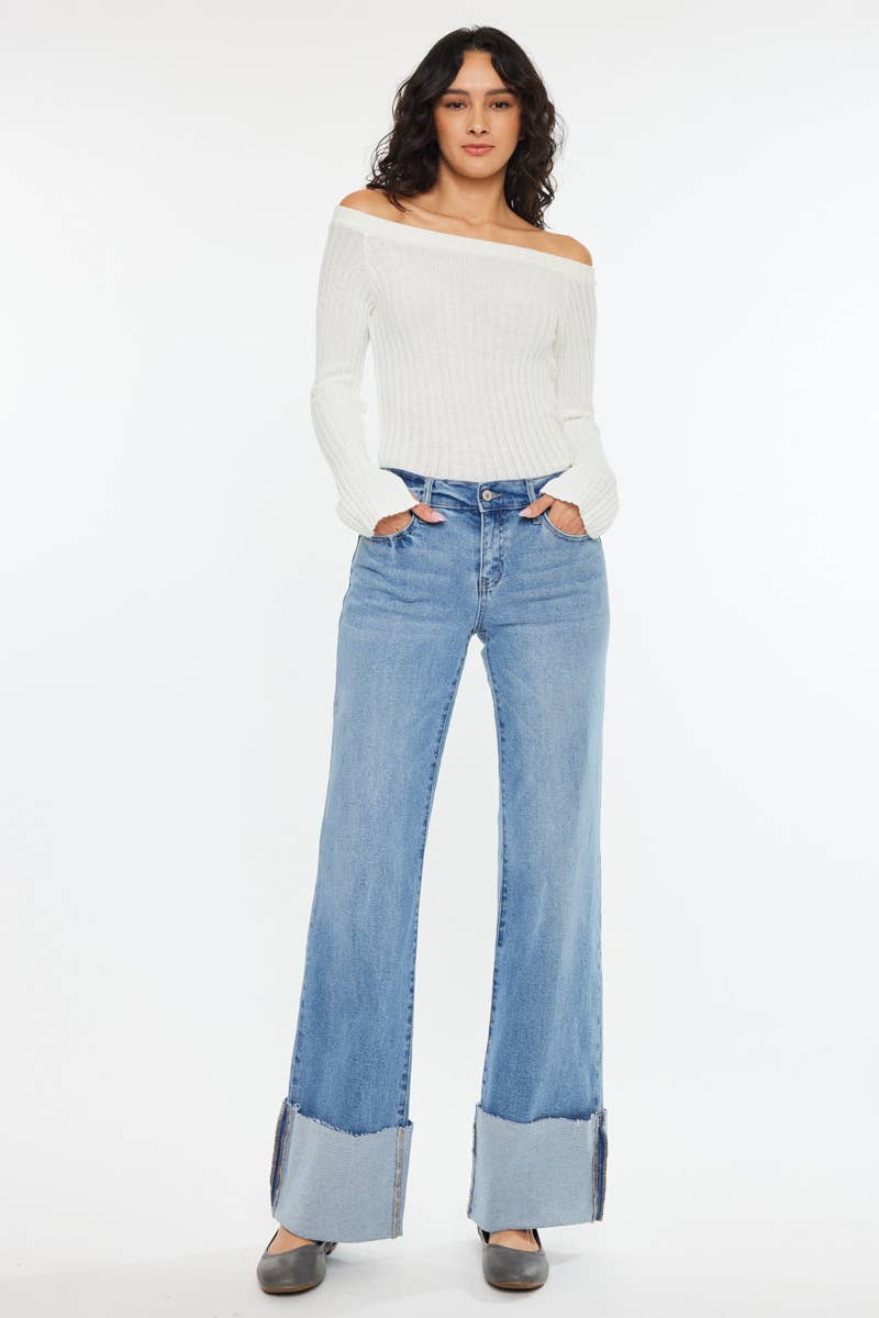 Kan Can Mid Rise Wide Flare Cuff Western Jeans — Medium Wash Stretch Denim, 5 Pocket, Cuffed Raw Hem (sizes 1, 11 and 13 remain) - Rooted & Reckless Co.
