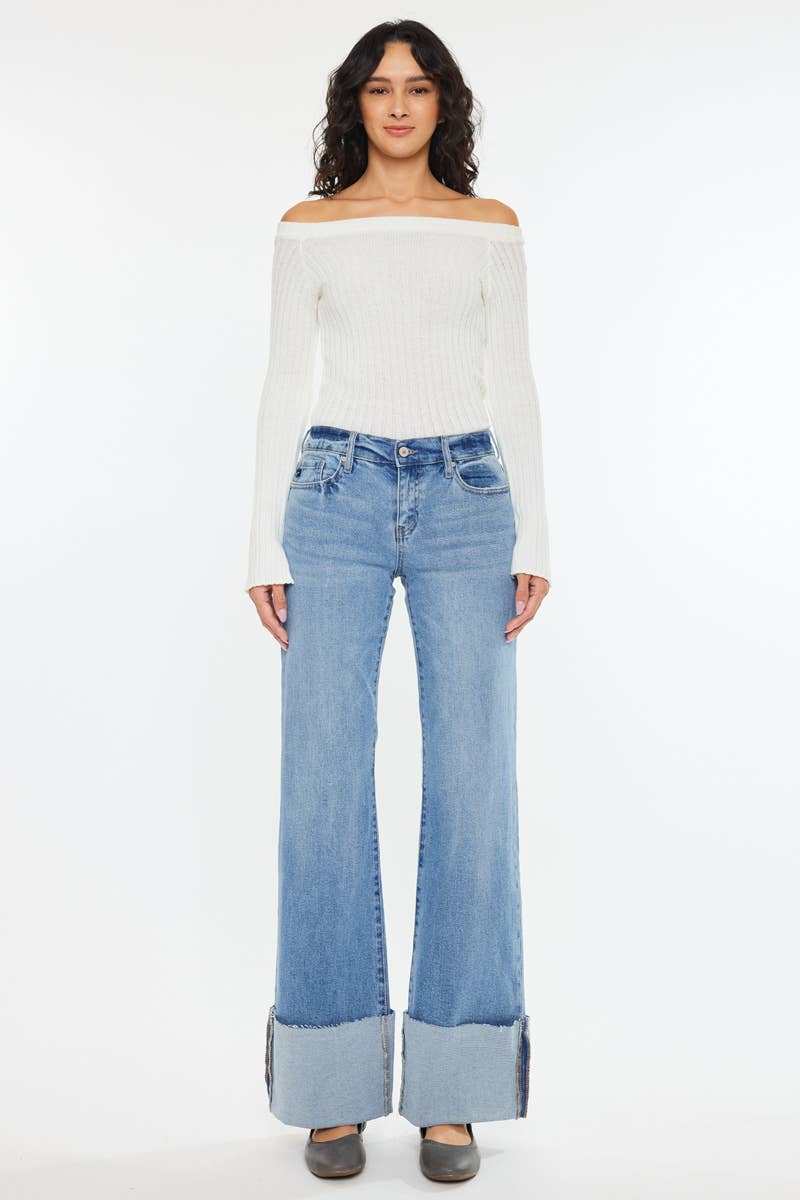Kan Can Mid Rise Wide Flare Cuff Western Jeans — Medium Wash Stretch Denim, 5 Pocket, Cuffed Raw Hem (sizes 1, 11 and 13 remain) - Rooted & Reckless Co.
