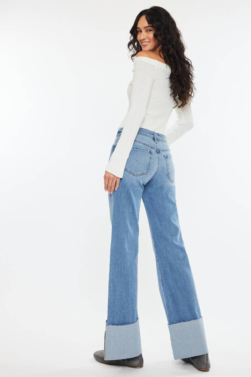 Kan Can Mid Rise Wide Flare Cuff Western Jeans — Medium Wash Stretch Denim, 5 Pocket, Cuffed Raw Hem (sizes 1, 11 and 13 remain) - Rooted & Reckless Co.
