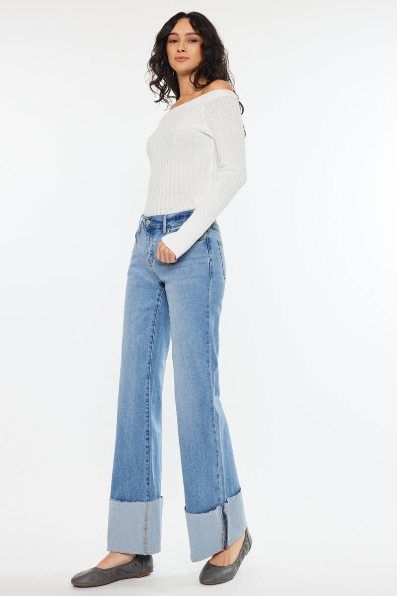 Kan Can Mid Rise Wide Flare Cuff Western Jeans — Medium Wash Stretch Denim, 5 Pocket, Cuffed Raw Hem (sizes 1, 11 and 13 remain) - Rooted & Reckless Co.