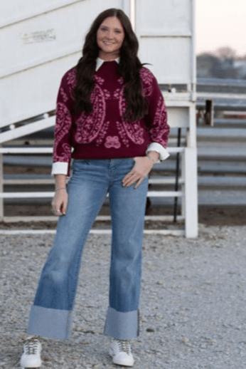 Kan Can Mid Rise Wide Flare Cuff Western Jeans — Medium Wash Stretch Denim, 5 Pocket, Cuffed Raw Hem (sizes 1, 11 and 13 remain) - Rooted & Reckless Co.