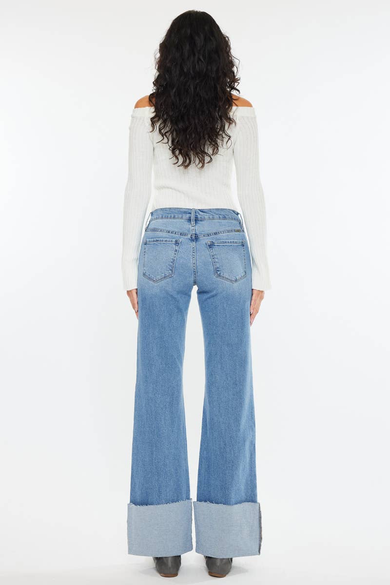 Kan Can Mid Rise Wide Flare Cuff Western Jeans — Medium Wash Stretch Denim, 5 Pocket, Cuffed Raw Hem (sizes 1, 11 and 13 remain) - Rooted & Reckless Co.