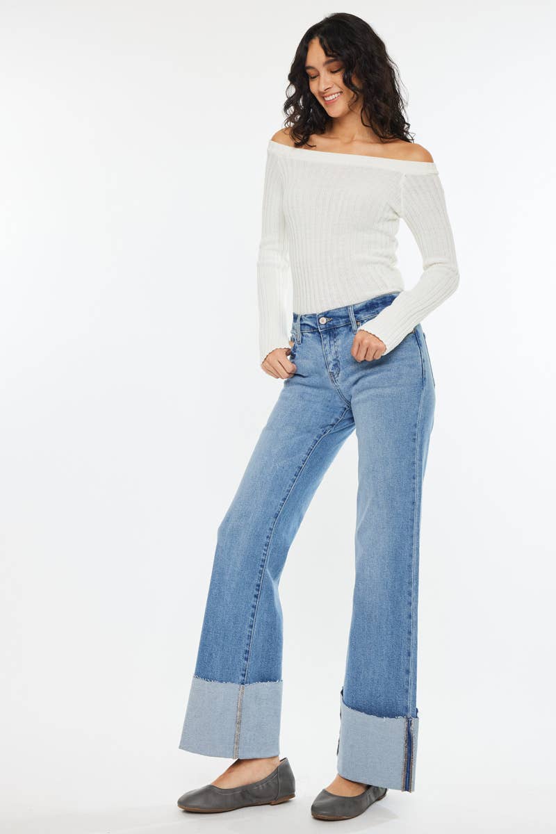 Kan Can Mid Rise Wide Flare Cuff Western Jeans — Medium Wash Stretch Denim, 5 Pocket, Cuffed Raw Hem (sizes 1, 11 and 13 remain) - Rooted & Reckless Co.
