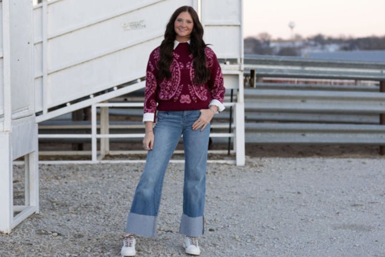 Kan Can Mid Rise Wide Flare Cuff Western Jeans — Medium Wash Stretch Denim, 5 Pocket, Cuffed Raw Hem (sizes 1, 11 and 13 remain) - Rooted & Reckless Co.