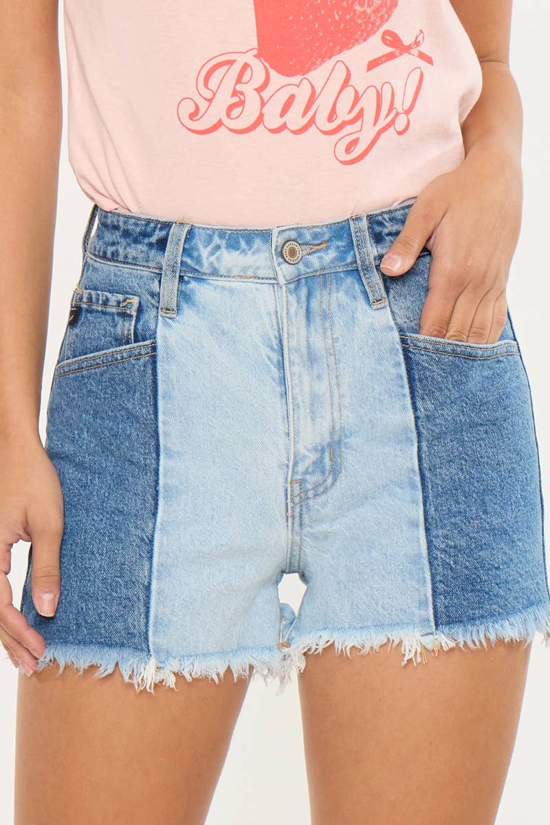 Kan Can Two-Tone Color Block Ultra High-Rise Western Denim Shorts — 11" Rise with Raw Frayed Hem - medium and larges remain - Rooted & Reckless Co.