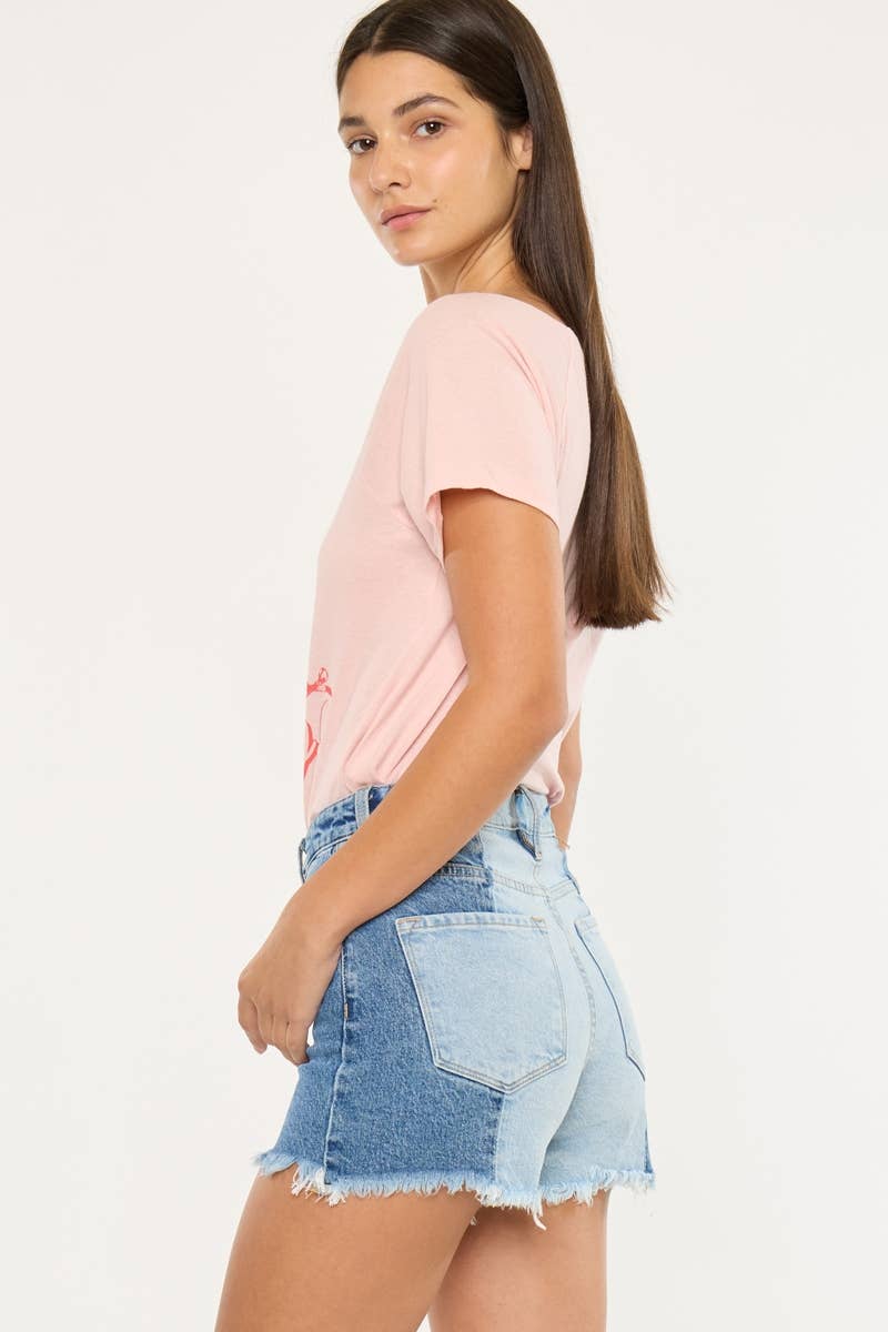 Kan Can Two-Tone Color Block Ultra High-Rise Western Denim Shorts — 11" Rise with Raw Frayed Hem - medium and larges remain - Rooted & Reckless Co.