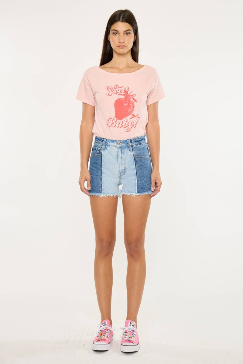 Kan Can Two-Tone Color Block Ultra High-Rise Western Denim Shorts — 11" Rise with Raw Frayed Hem - medium and larges remain - Rooted & Reckless Co.