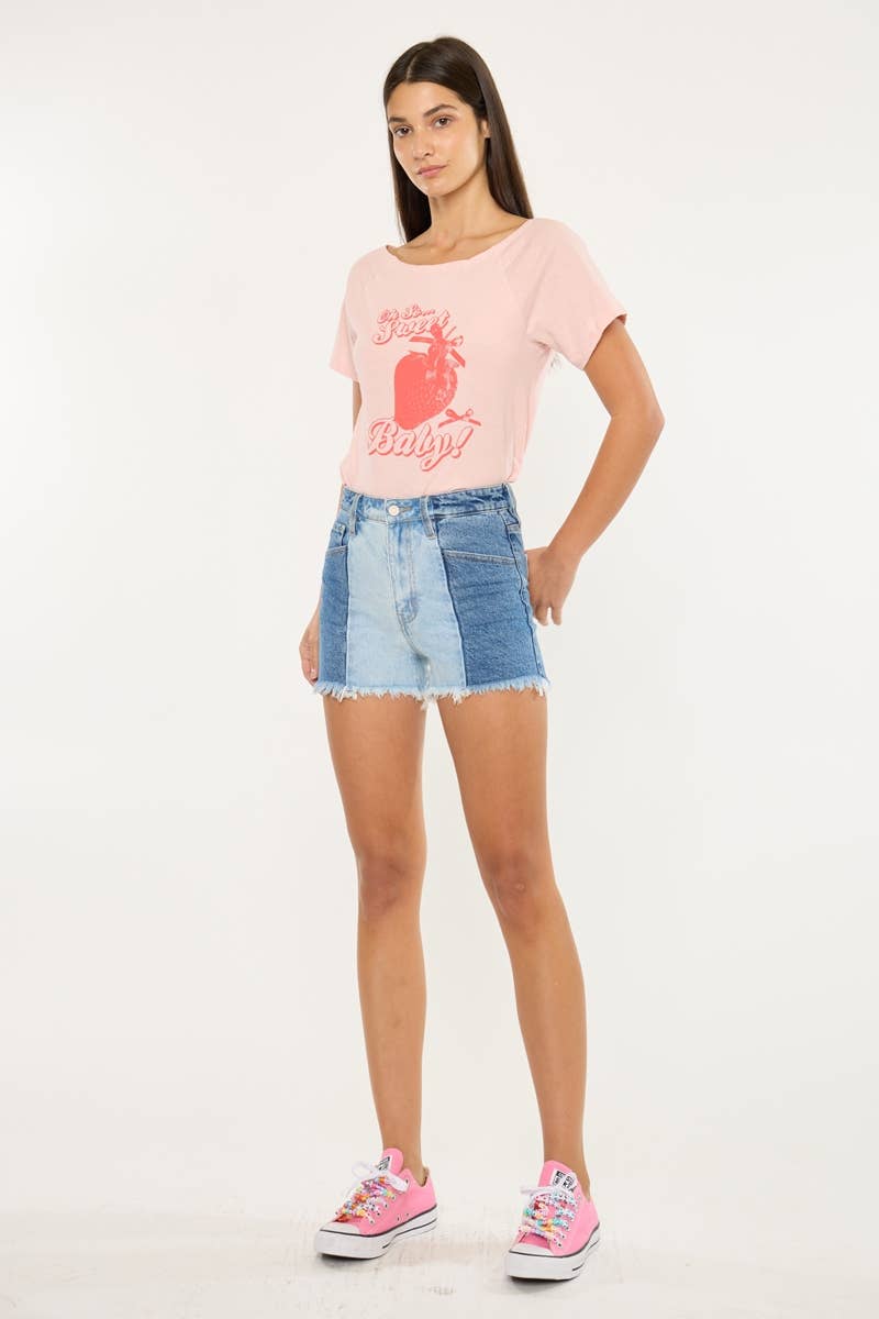 Kan Can Two-Tone Color Block Ultra High-Rise Western Denim Shorts — 11" Rise with Raw Frayed Hem - medium and larges remain - Rooted & Reckless Co.
