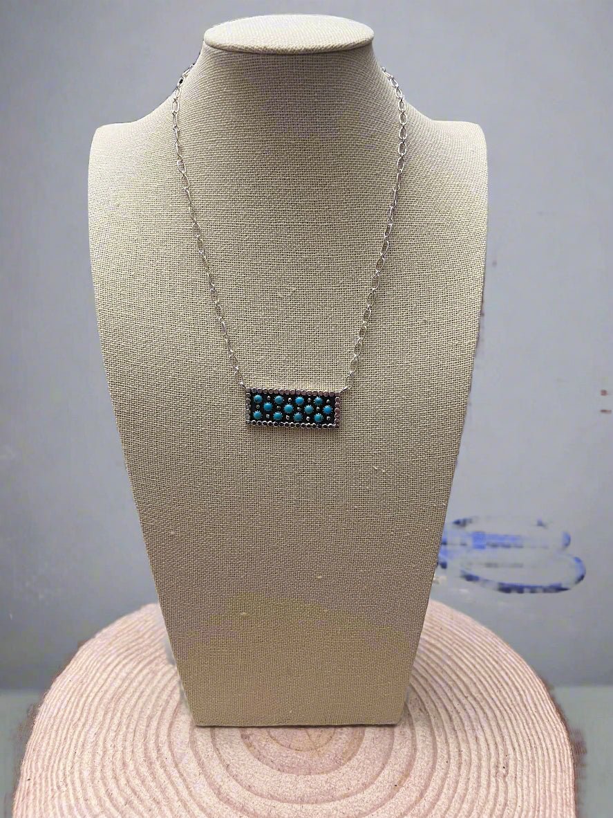 Kenny Lonjose Native American Sterling Silver Turquoise Bar Pendant Necklace — 18" - Rooted & Reckless Co.