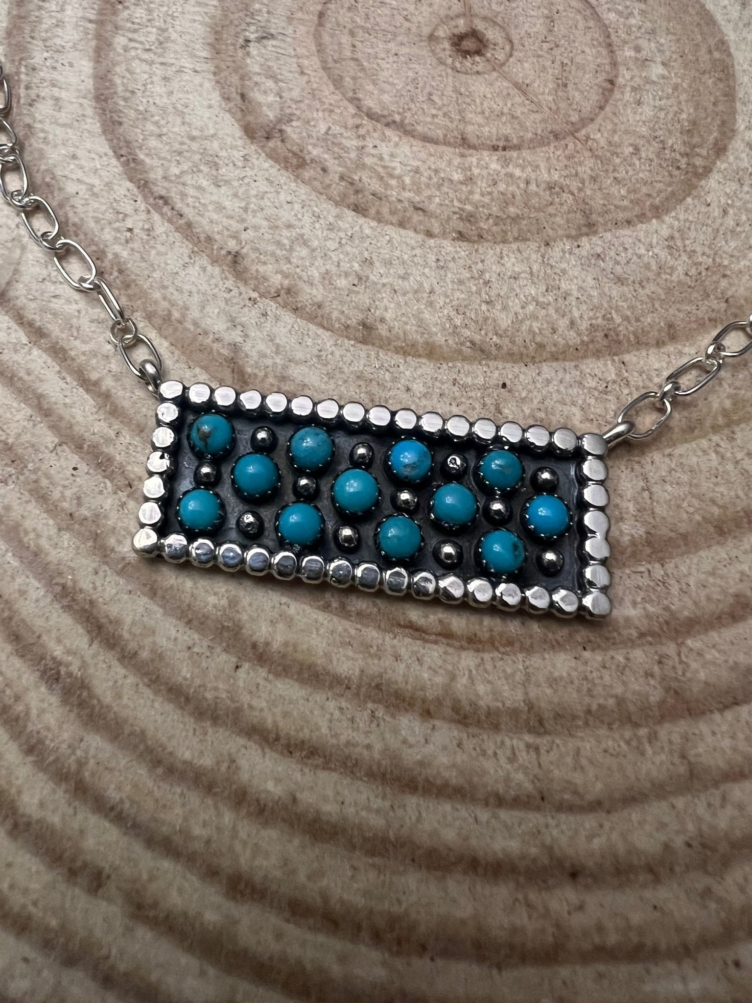 Kenny Lonjose Native American Sterling Silver Turquoise Bar Pendant Necklace — 18" - Rooted & Reckless Co.