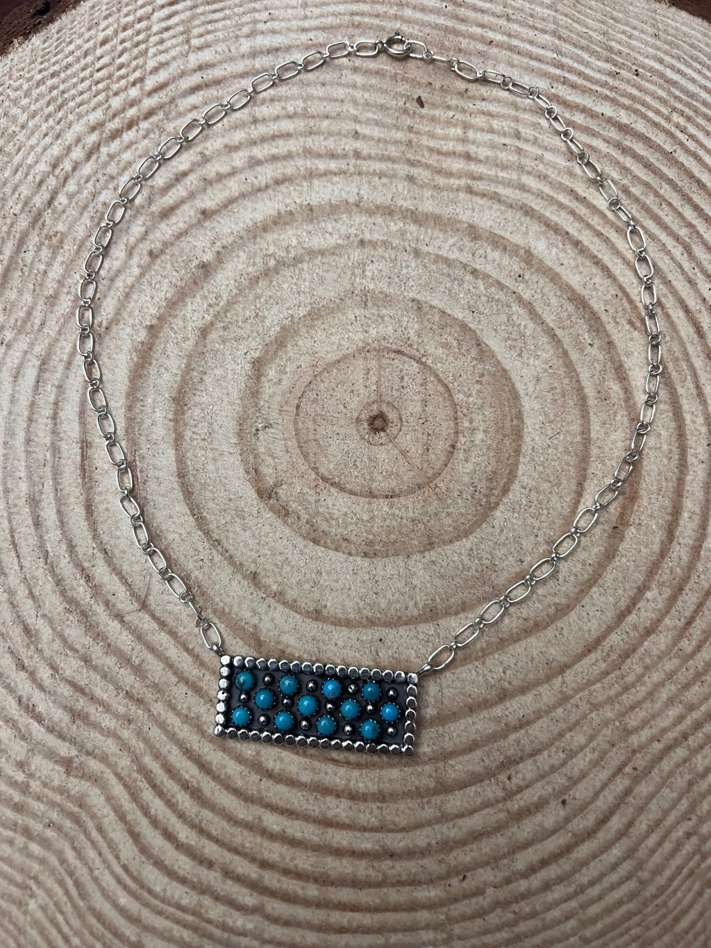Kenny Lonjose Native American Sterling Silver Turquoise Bar Pendant Necklace — 18" - Rooted & Reckless Co.