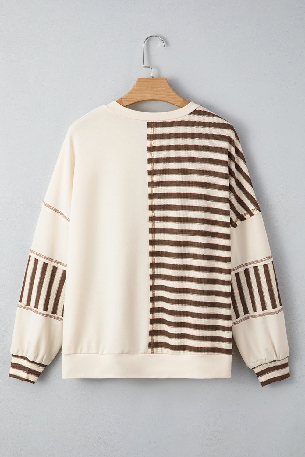 Khaki Stripe Stitched Detail Color Block Patchwork Oversized Pullover Top - Rooted & Reckless Co.