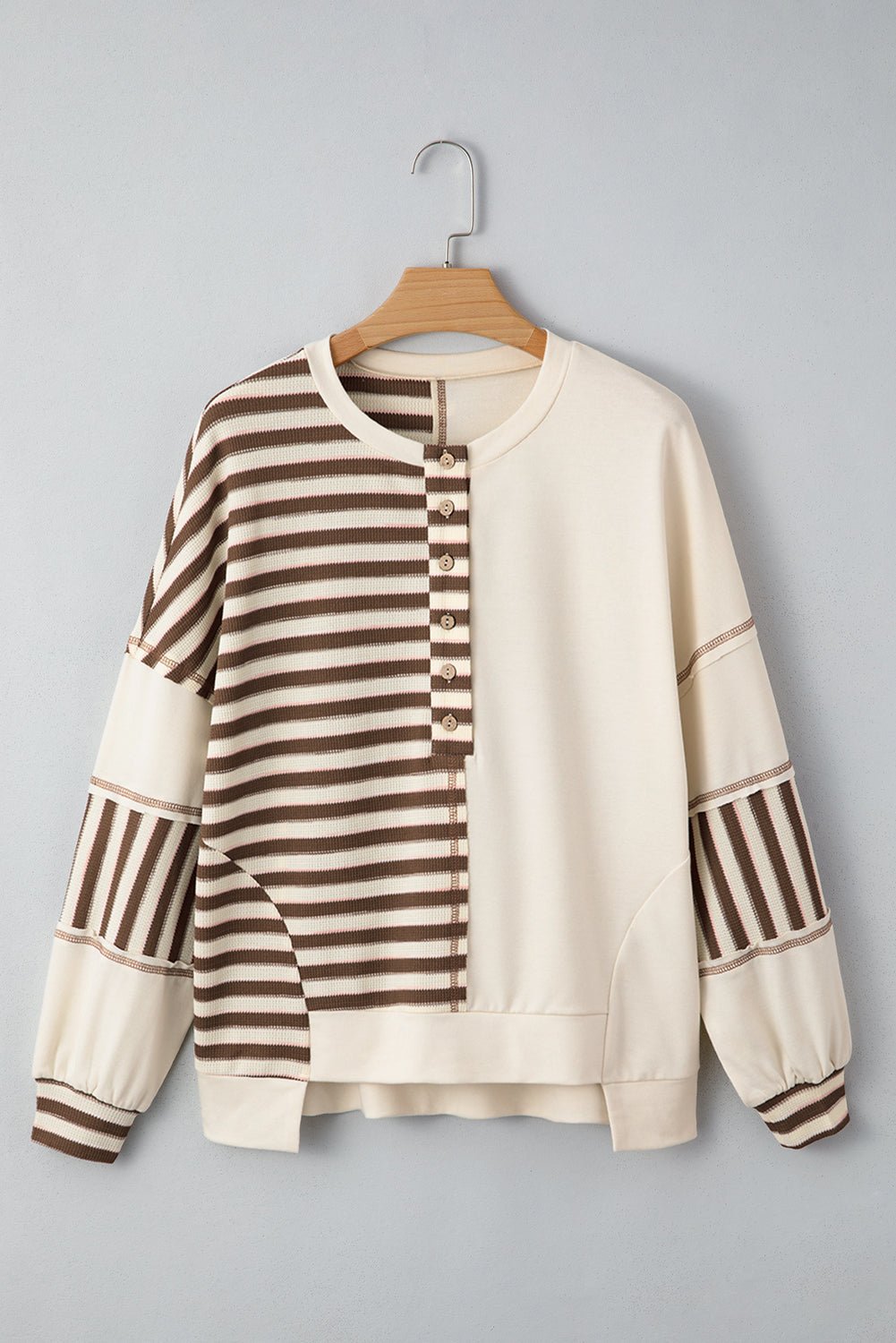 Khaki Stripe Stitched Detail Color Block Patchwork Oversized Pullover Top - Rooted & Reckless Co.