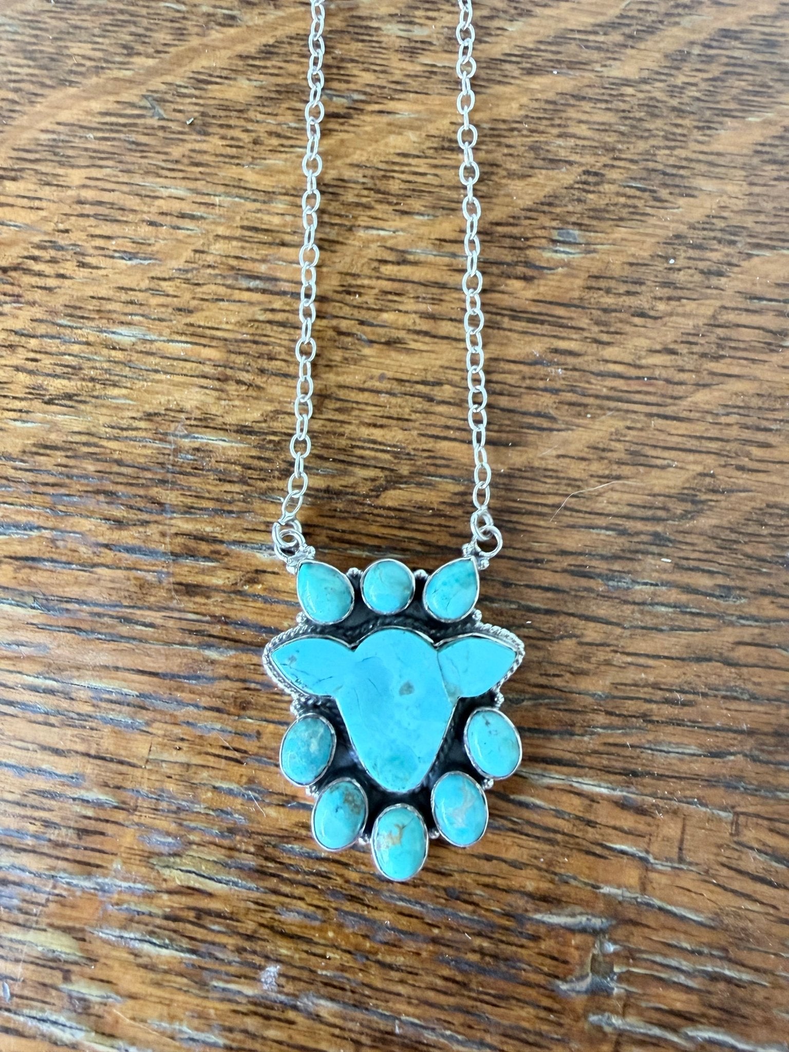 Kingman Turquoise Cow Head Cluster Necklace - Rooted & Reckless Co.