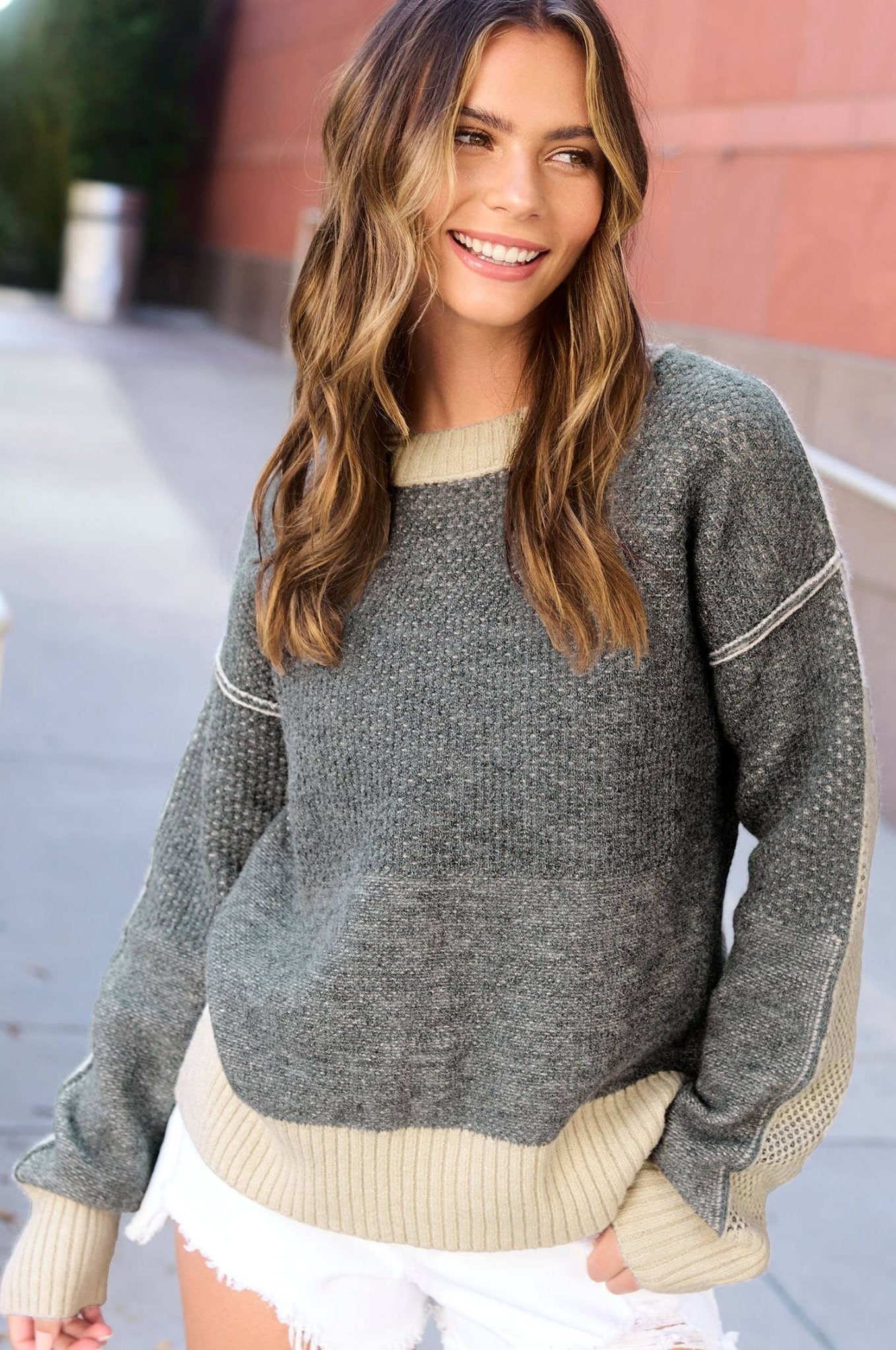 La Miel Loose-Fit Color Block Textured Round Neck Western Sweater — Side Slit Cozy Layering (Baked Ginger or Black Sesame, Medium available) - Rooted & Reckless Co.