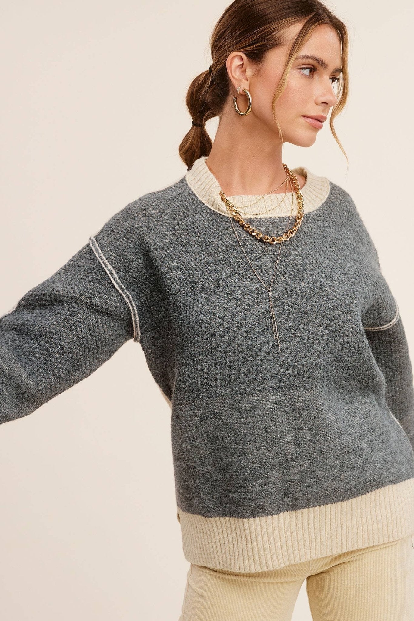 La Miel Loose-Fit Color Block Textured Round Neck Western Sweater — Side Slit Cozy Layering (Baked Ginger or Black Sesame, Medium available) - Rooted & Reckless Co.