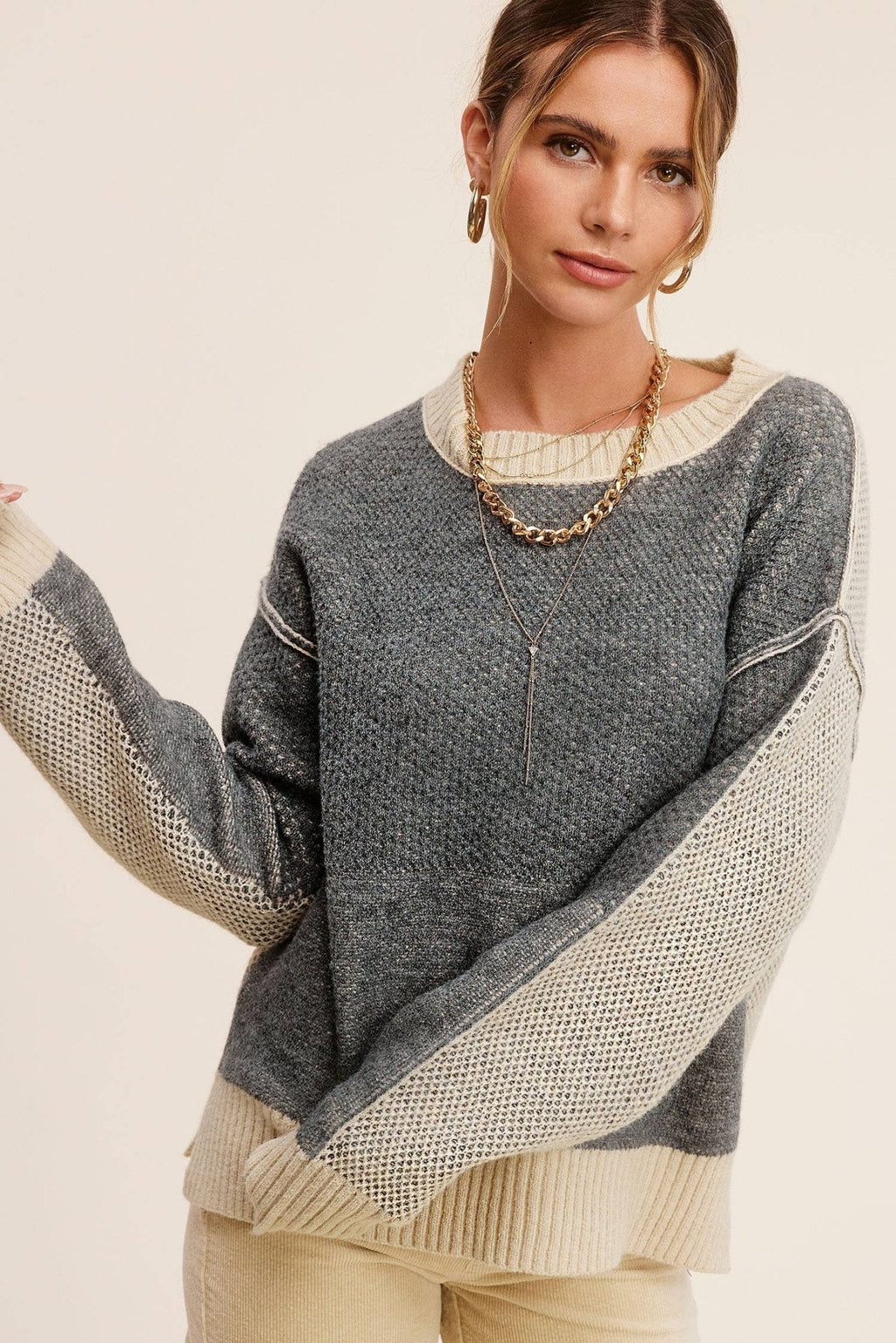 La Miel Loose-Fit Color Block Textured Round Neck Western Sweater — Side Slit Cozy Layering (Baked Ginger or Black Sesame, Medium available) - Rooted & Reckless Co.