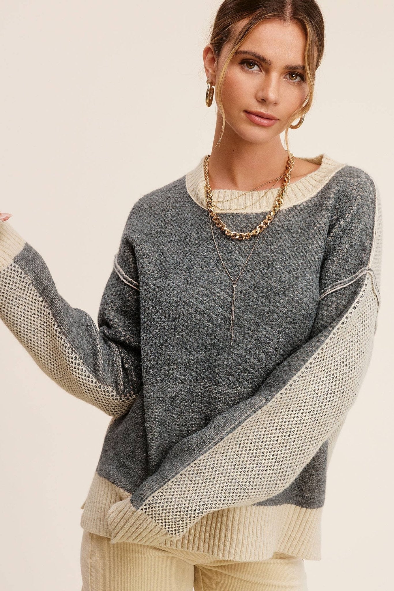 La Miel Loose-Fit Color Block Textured Round Neck Western Sweater — Side Slit Cozy Layering (Baked Ginger or Black Sesame, Medium available) - Rooted & Reckless Co.
