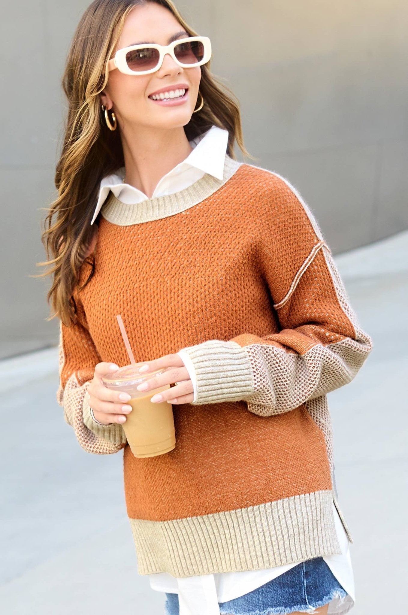 La Miel Loose-Fit Color Block Textured Round Neck Western Sweater — Side Slit Cozy Layering (Baked Ginger or Black Sesame, Medium available) - Rooted & Reckless Co.