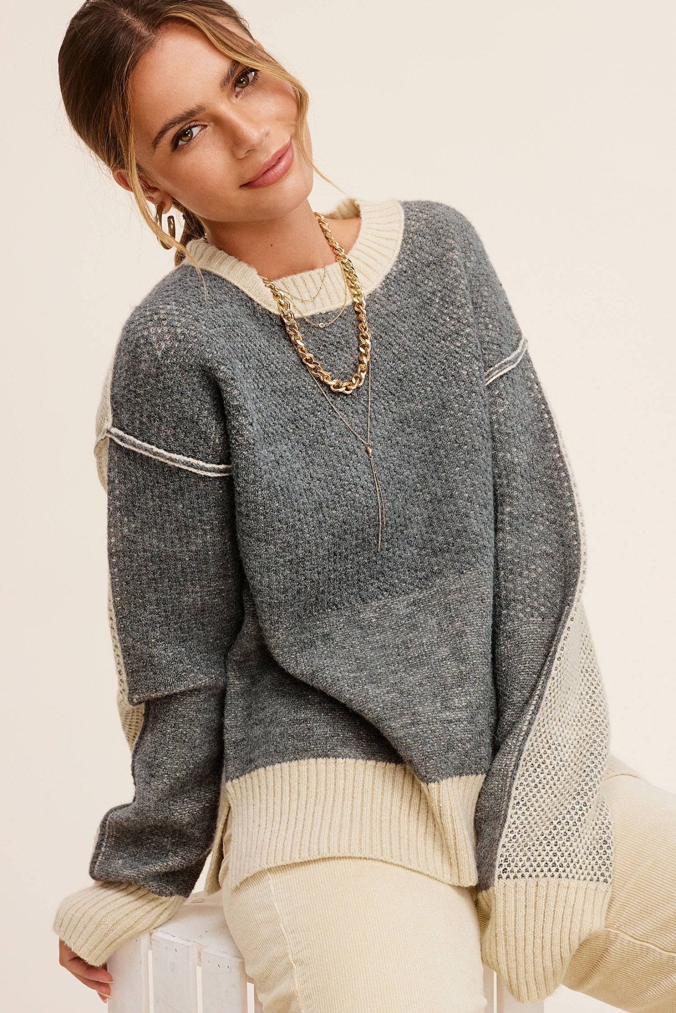 La Miel Loose-Fit Color Block Textured Round Neck Western Sweater — Side Slit Cozy Layering (Baked Ginger or Black Sesame, Medium available) - Rooted & Reckless Co.