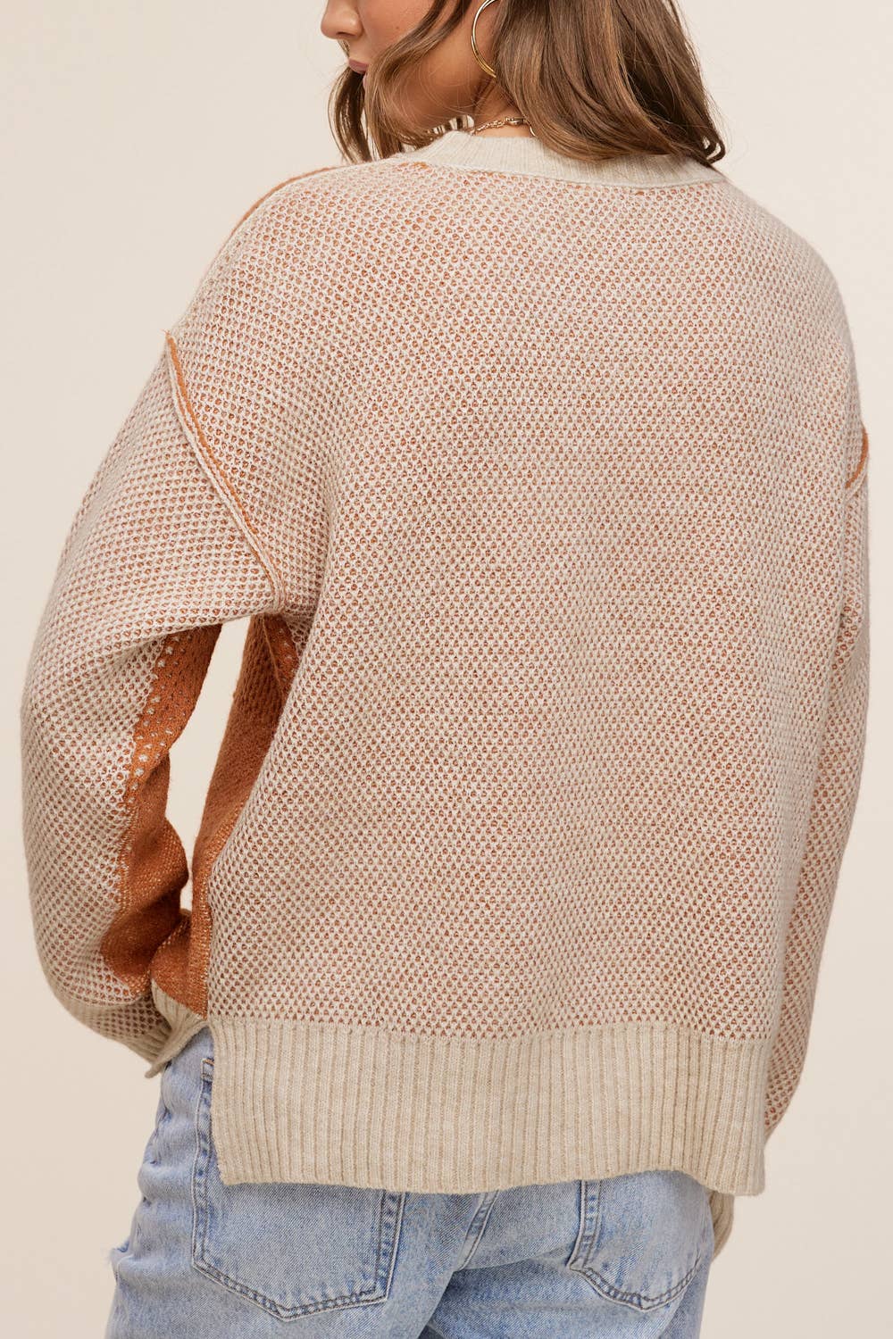 La Miel Loose-Fit Color Block Textured Round Neck Western Sweater — Side Slit Cozy Layering (Baked Ginger or Black Sesame, Medium available) - Rooted & Reckless Co.
