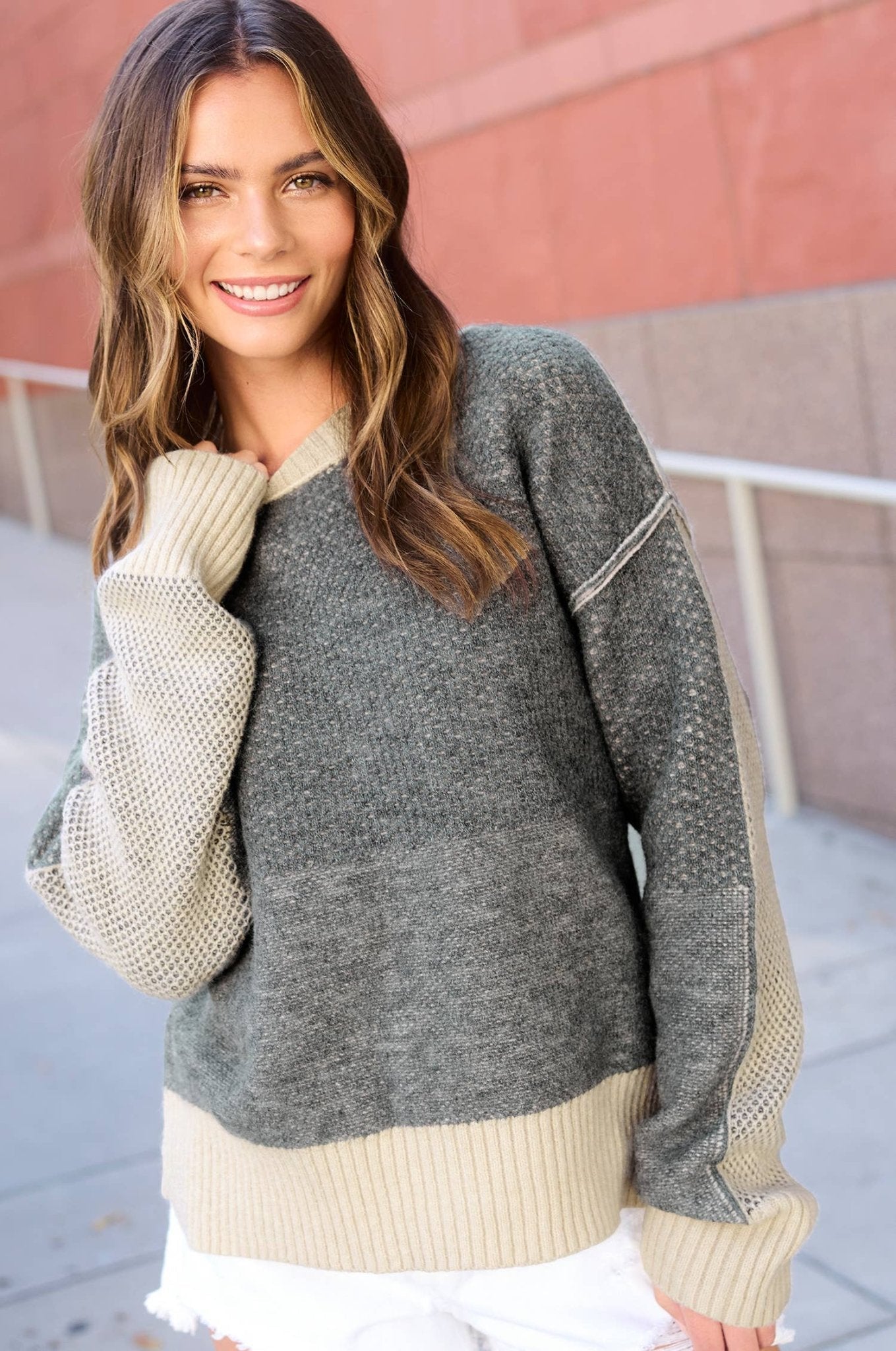 La Miel Loose-Fit Color Block Textured Round Neck Western Sweater — Side Slit Cozy Layering (Baked Ginger or Black Sesame, Medium available) - Rooted & Reckless Co.