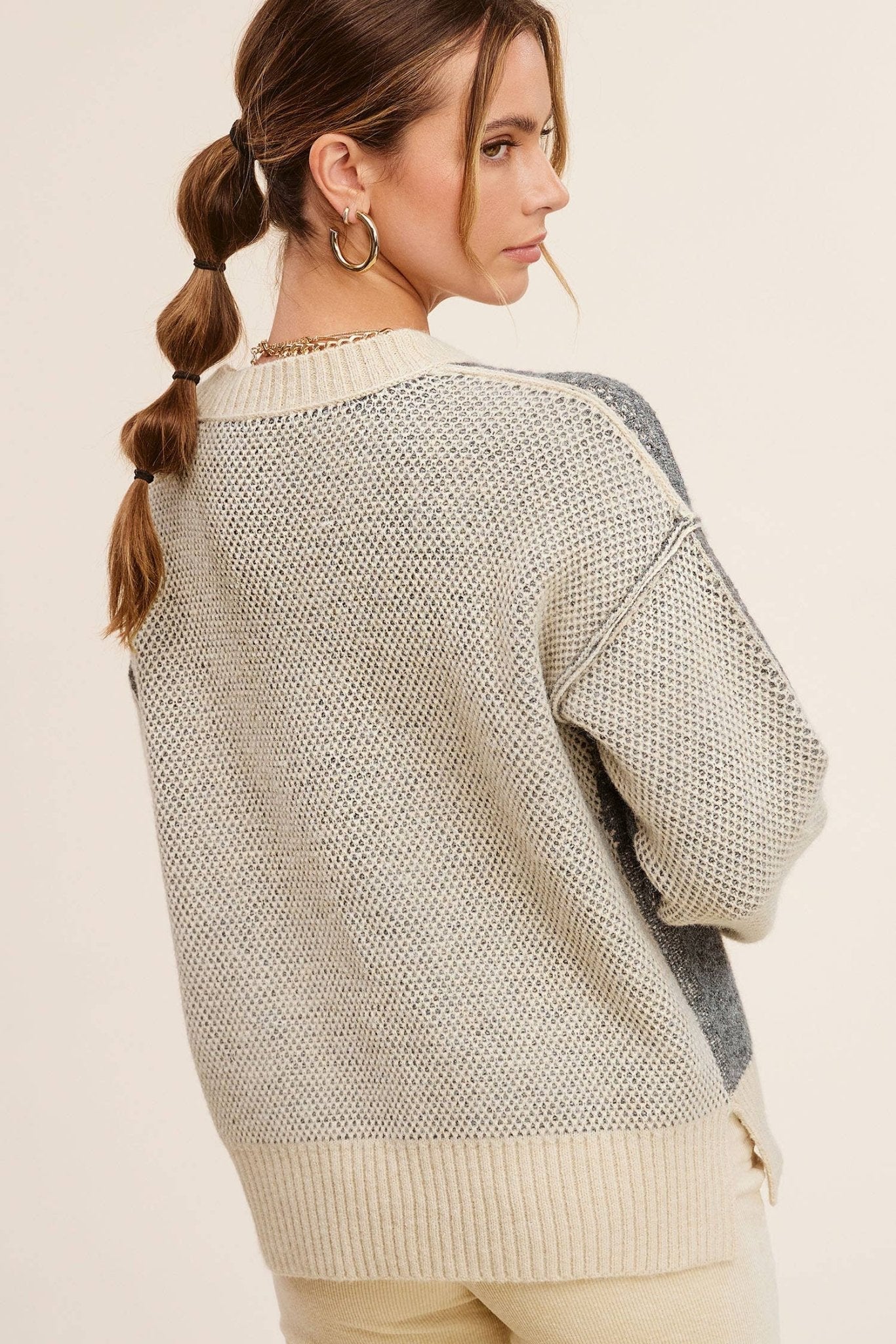 La Miel Loose-Fit Color Block Textured Round Neck Western Sweater — Side Slit Cozy Layering (Baked Ginger or Black Sesame, Medium available) - Rooted & Reckless Co.