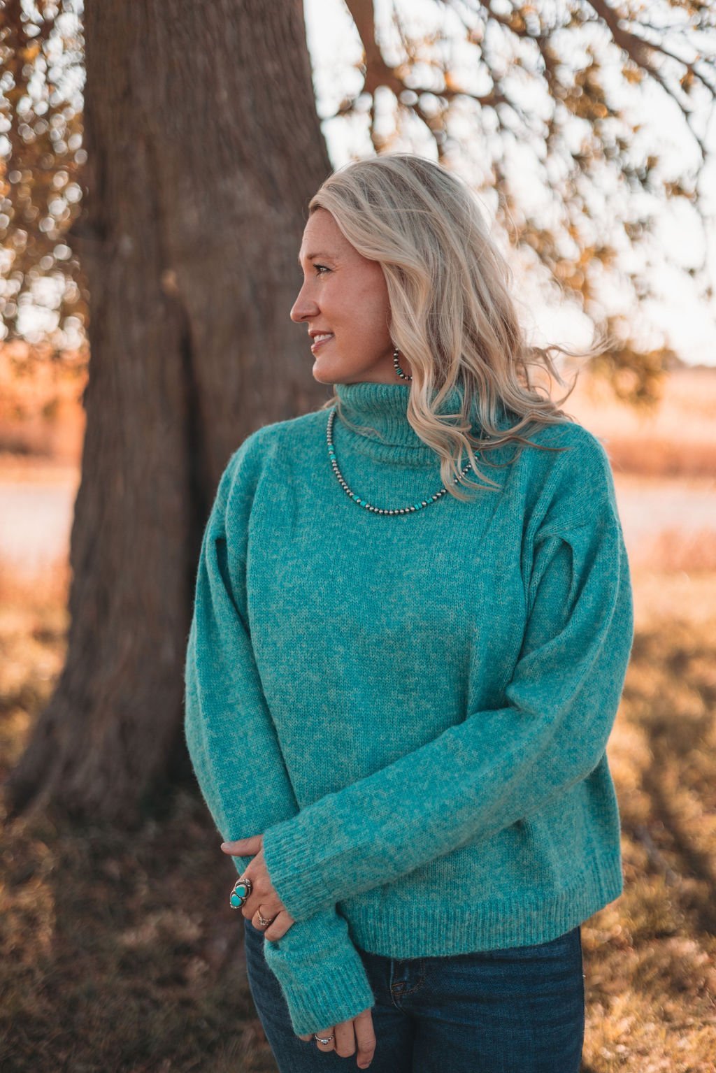 La Miel Loose-Fit Turtleneck Pin-Tuck Long Sleeve Western Sweater — Drop Shoulder Cozy Layering (small remaining) - Rooted & Reckless Co.