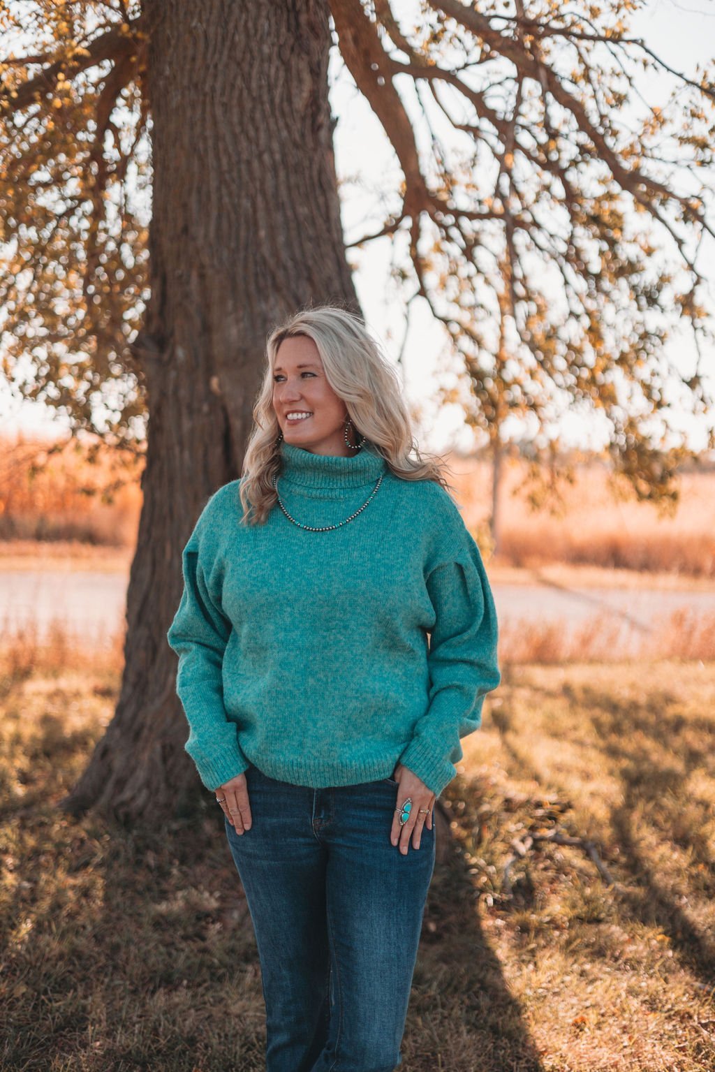 La Miel Loose-Fit Turtleneck Pin-Tuck Long Sleeve Western Sweater — Drop Shoulder Cozy Layering (small remaining) - Rooted & Reckless Co.