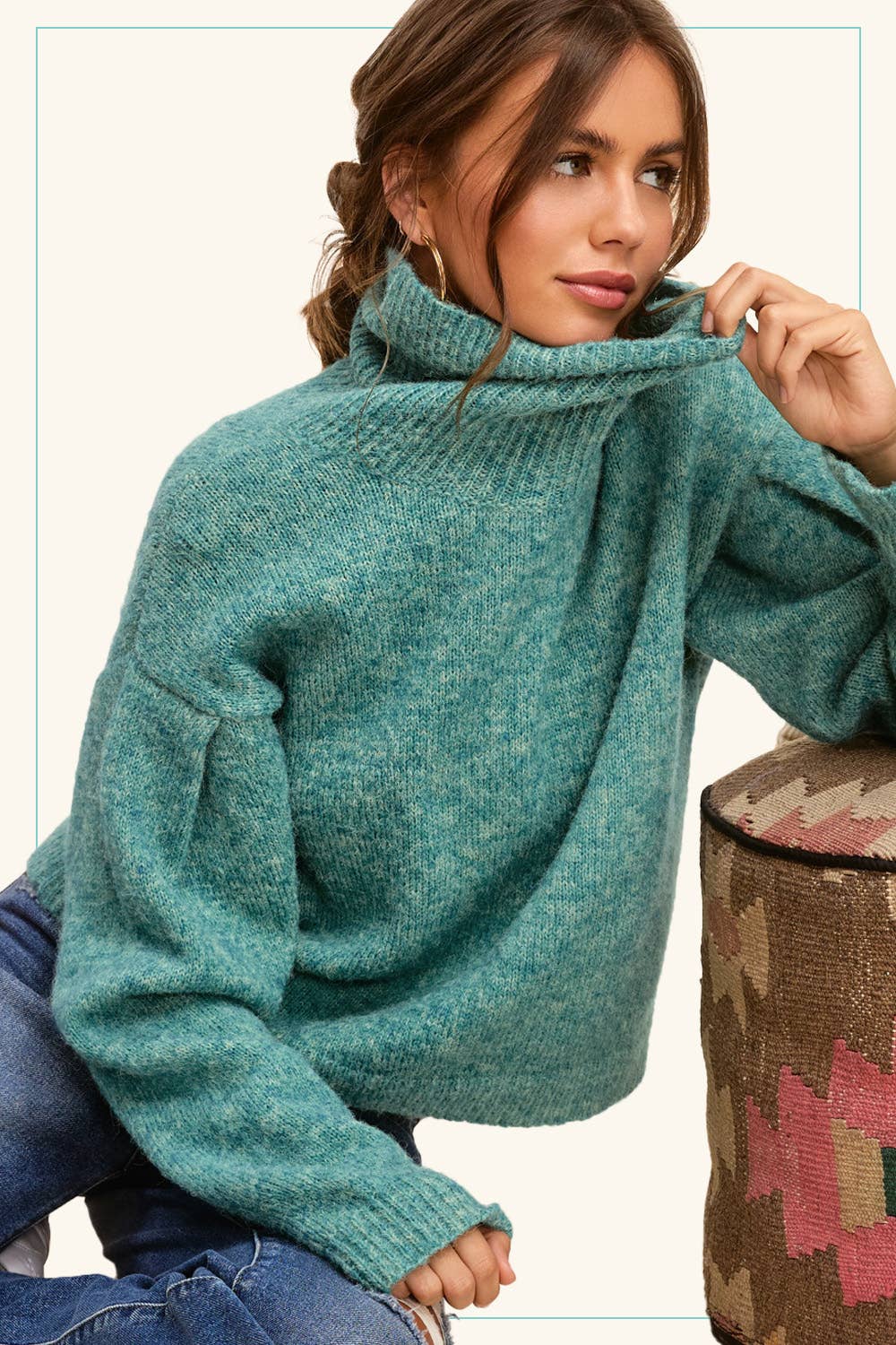La Miel Loose-Fit Turtleneck Pin-Tuck Long Sleeve Western Sweater — Drop Shoulder Cozy Layering (small remaining) - Rooted & Reckless Co.