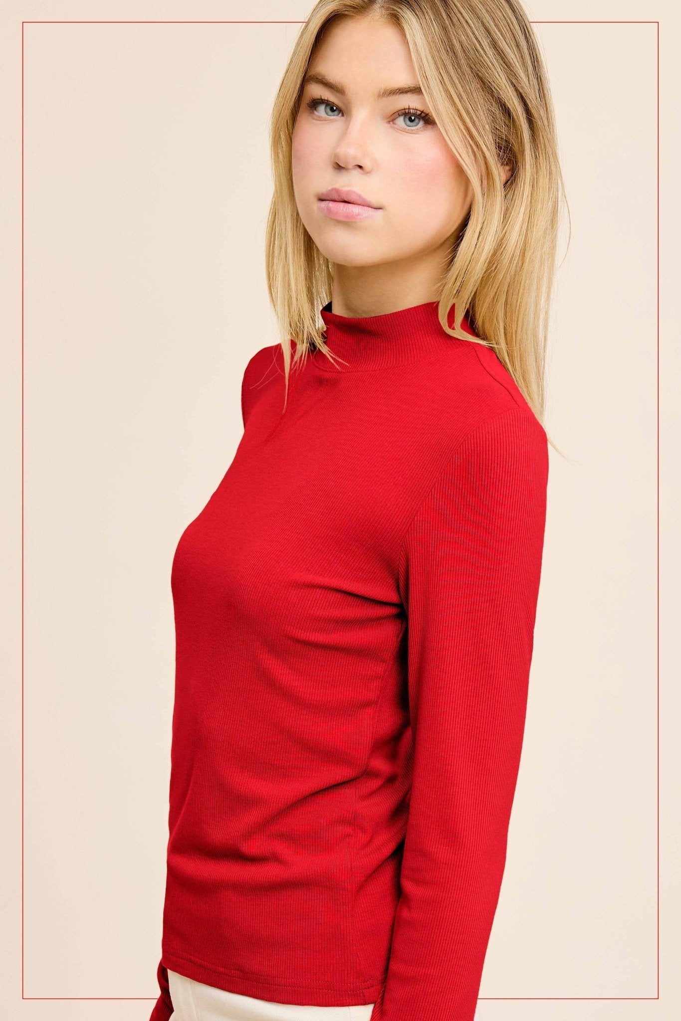 La Miel Ribbed Long Sleeve Mock Neck Western Basics Top — Layering Staple (4 Colors: Red, Teal, Black, Brown) - Rooted & Reckless Co.