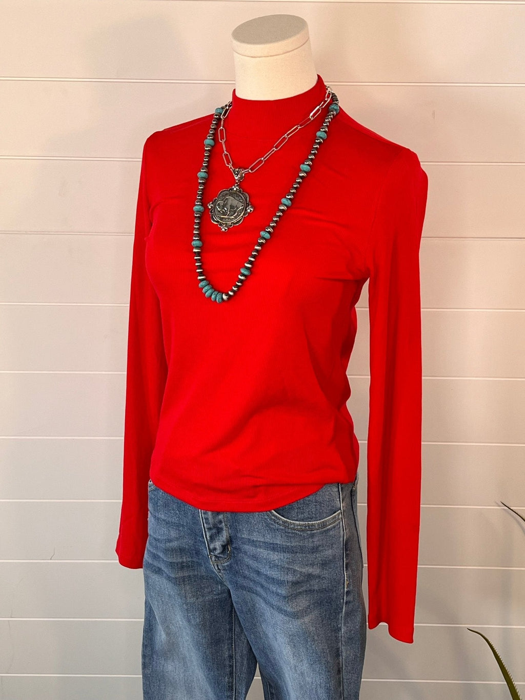 La Miel Ribbed Long Sleeve Mock Neck Western Basics Top — Layering Staple (4 Colors: Red, Teal, Black, Brown) - Rooted & Reckless Co.