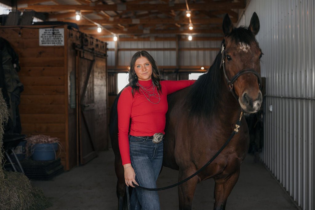 La Miel Ribbed Long Sleeve Mock Neck Western Basics Top — Layering Staple (4 Colors: Red, Teal, Black, Brown) - Rooted & Reckless Co.