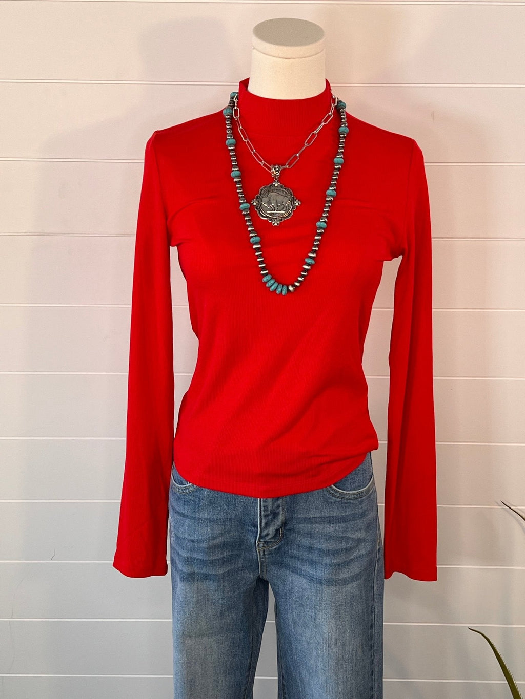 La Miel Ribbed Long Sleeve Mock Neck Western Basics Top — Layering Staple (4 Colors: Red, Teal, Black, Brown) - Rooted & Reckless Co.