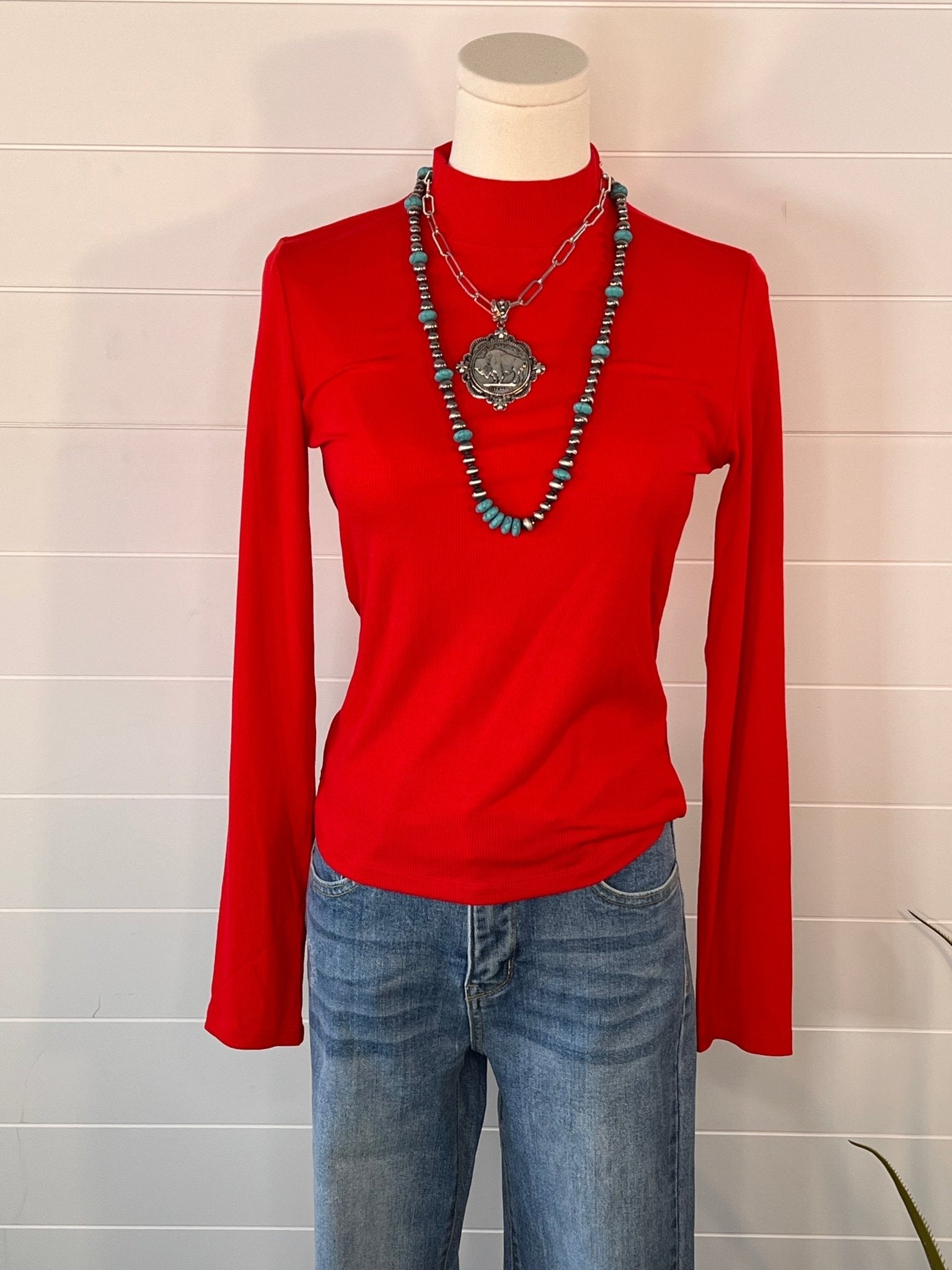 La Miel Ribbed Long Sleeve Mock Neck Western Basics Top — Layering Staple (4 Colors: Red, Teal, Black, Brown) - Rooted & Reckless Co.