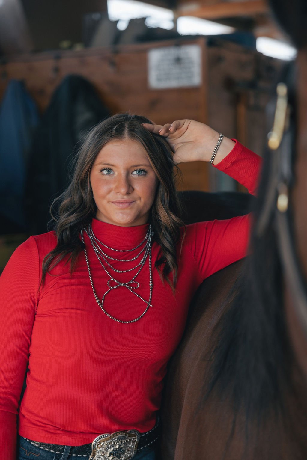 La Miel Ribbed Long Sleeve Mock Neck Western Basics Top — Layering Staple (4 Colors: Red, Teal, Black, Brown) - Rooted & Reckless Co.