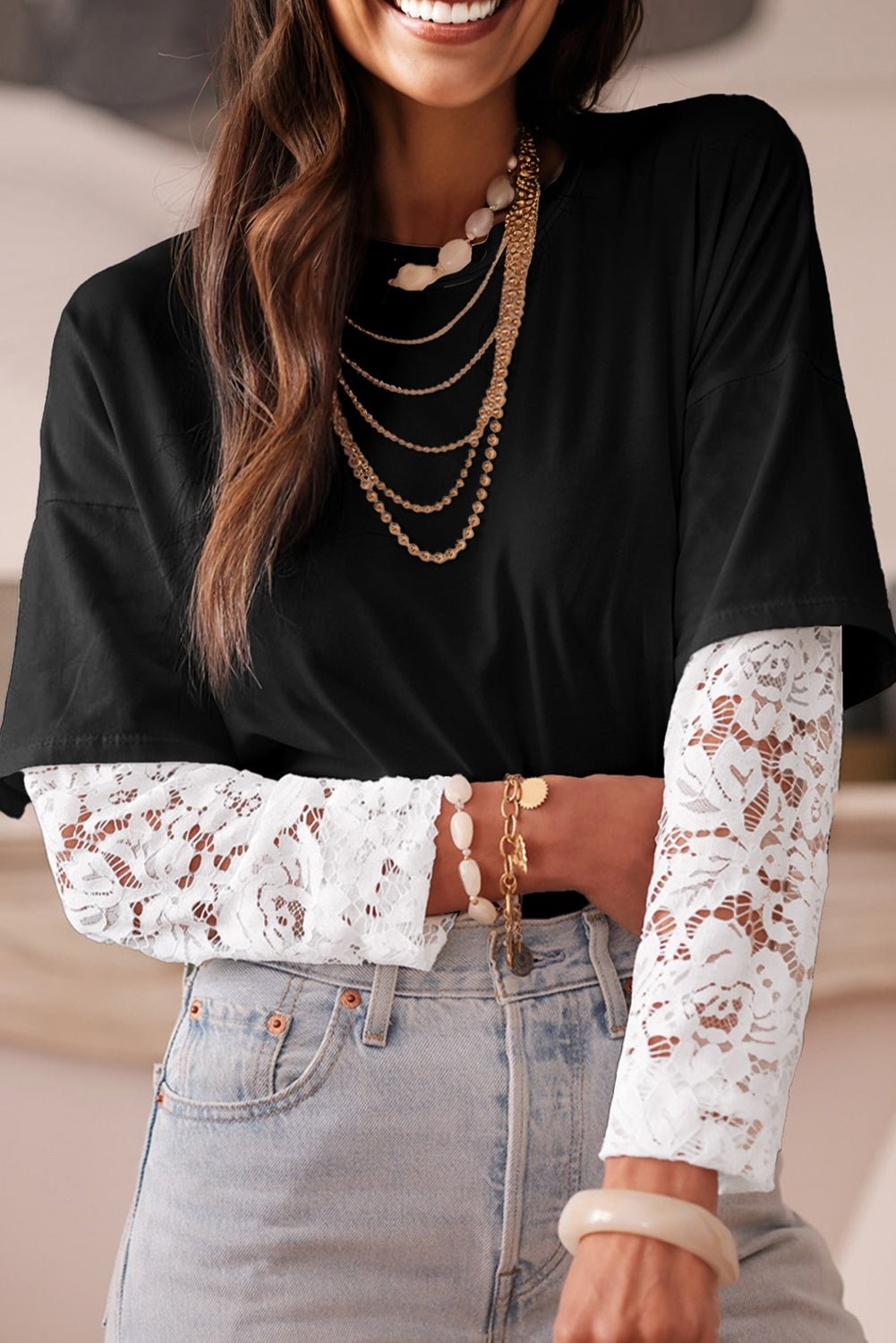 Lace Insert Long Sleeve Drop Shoulder Tee - Rooted & Reckless Co.