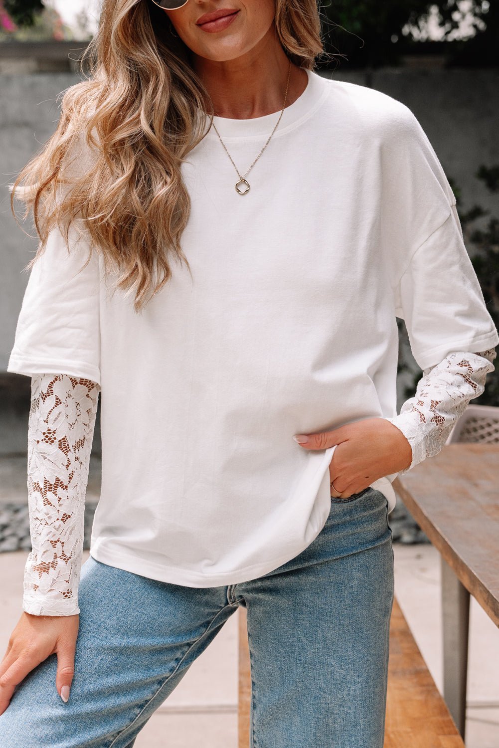 Lace Insert Long Sleeve Drop Shoulder Tee - Rooted & Reckless Co.