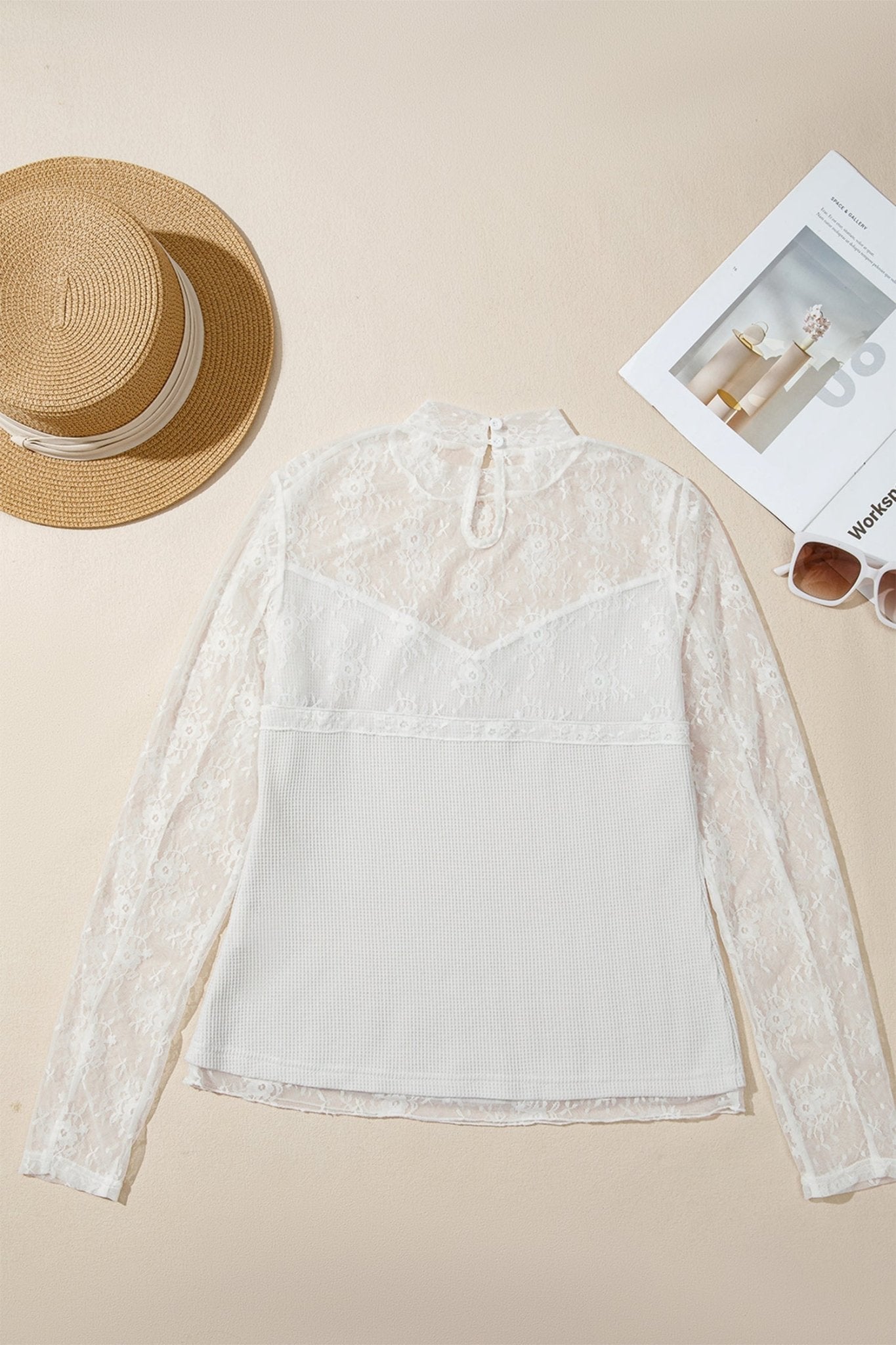 Lace Mesh Patchwork Ribbed Long Sleeve Top - Rooted & Reckless Co.