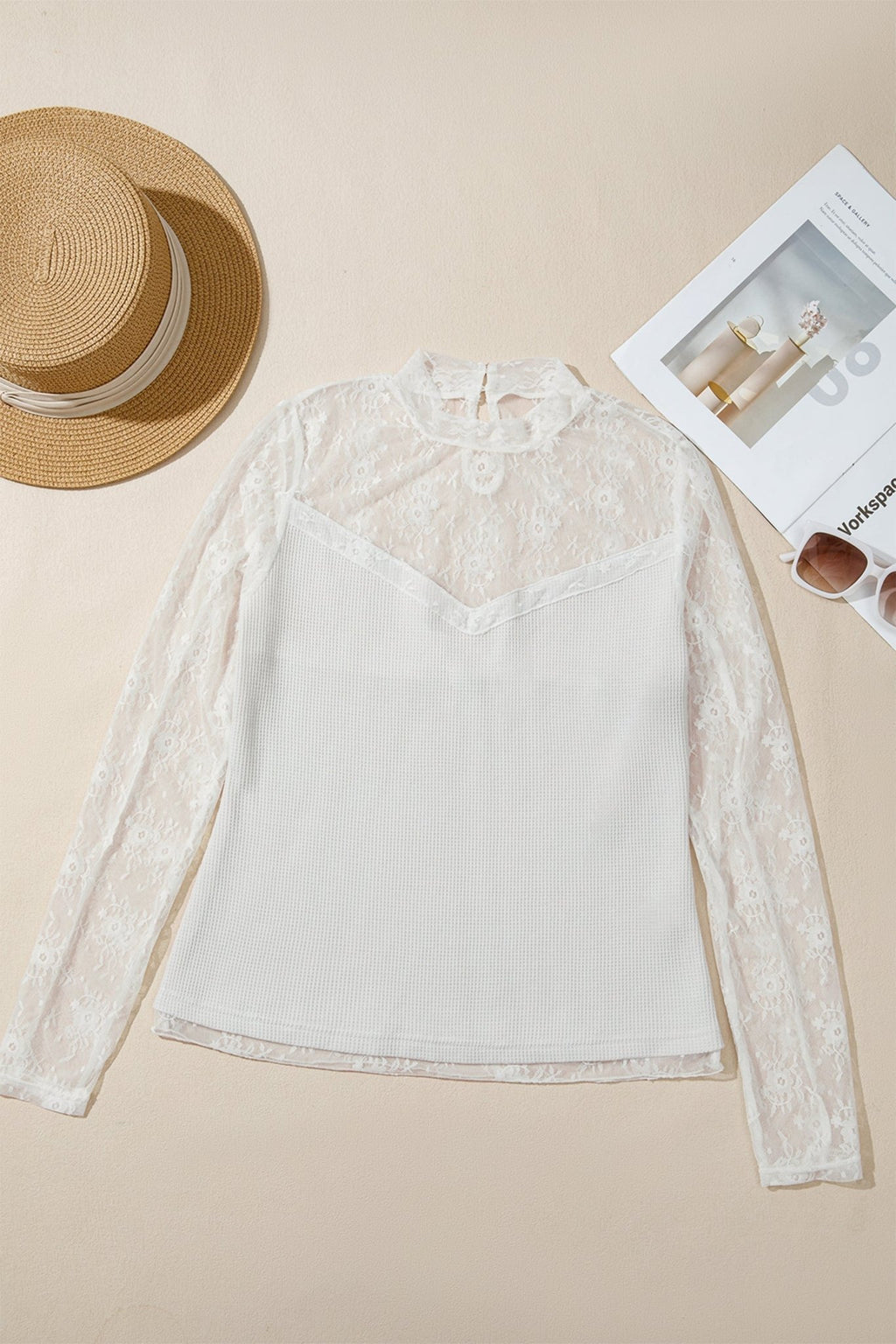 Lace Mesh Patchwork Ribbed Long Sleeve Top - Rooted & Reckless Co.