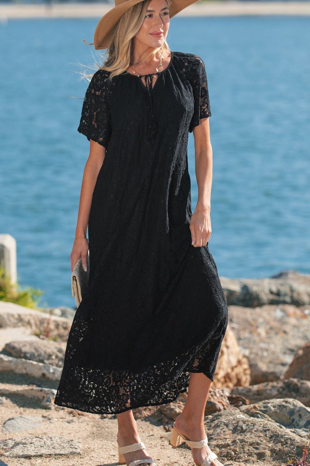 Lace Overlay Tassel Tie Short Sleeve Maxi Dress - Rooted & Reckless Co.