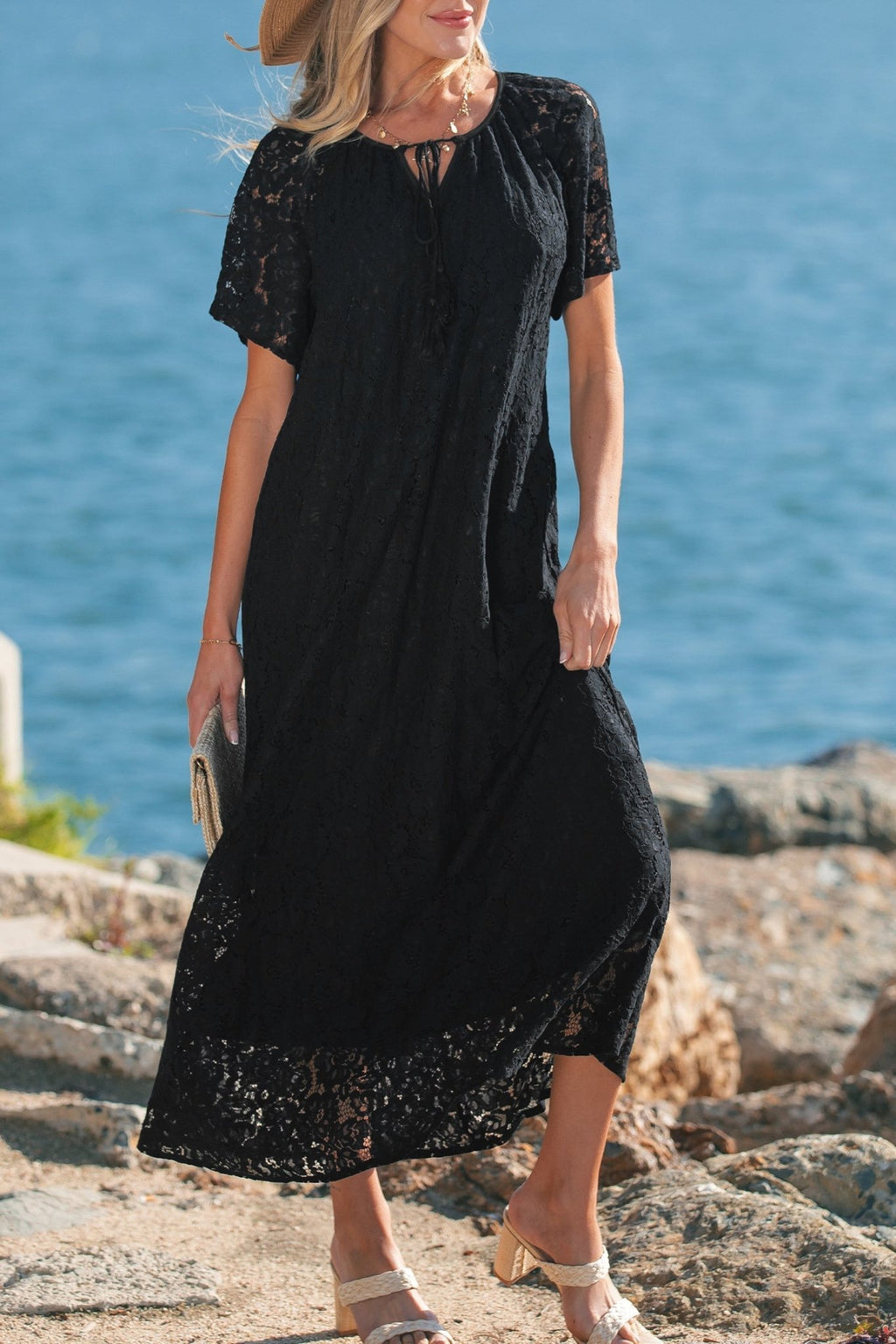 Lace Overlay Tassel Tie Short Sleeve Maxi Dress - Rooted & Reckless Co.