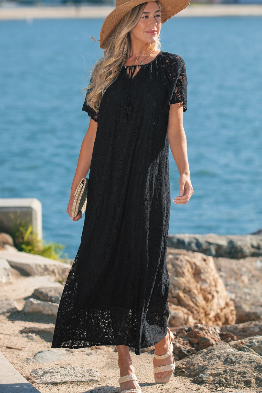 Lace Overlay Tassel Tie Short Sleeve Maxi Dress - Rooted & Reckless Co.