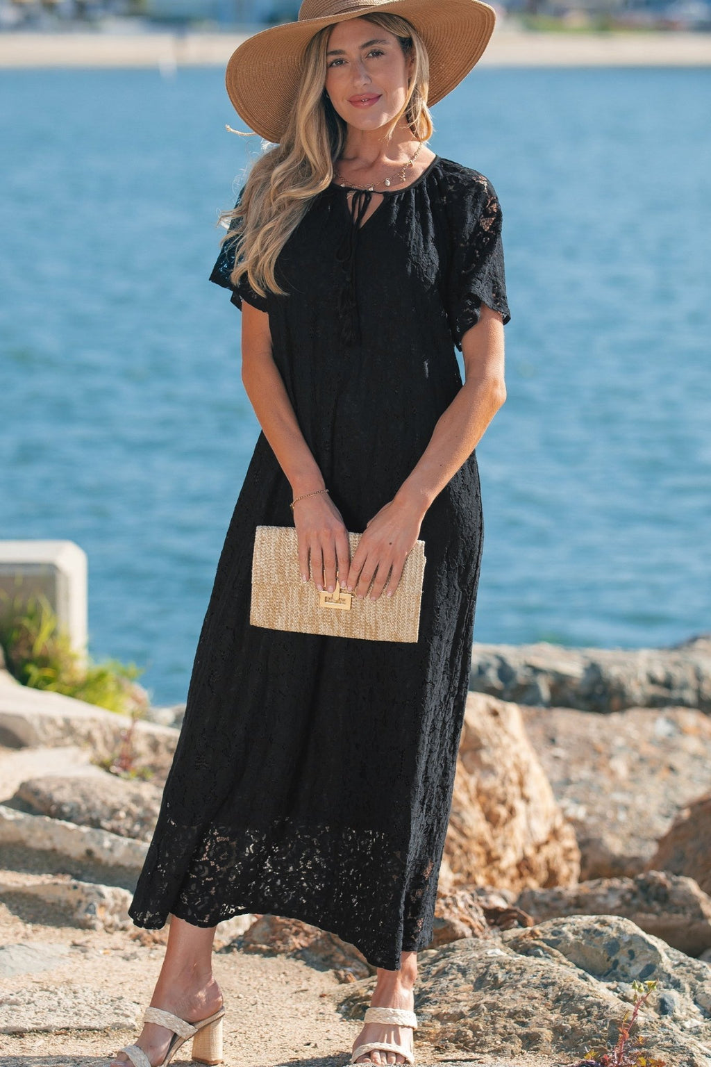 Lace Overlay Tassel Tie Short Sleeve Maxi Dress - Rooted & Reckless Co.