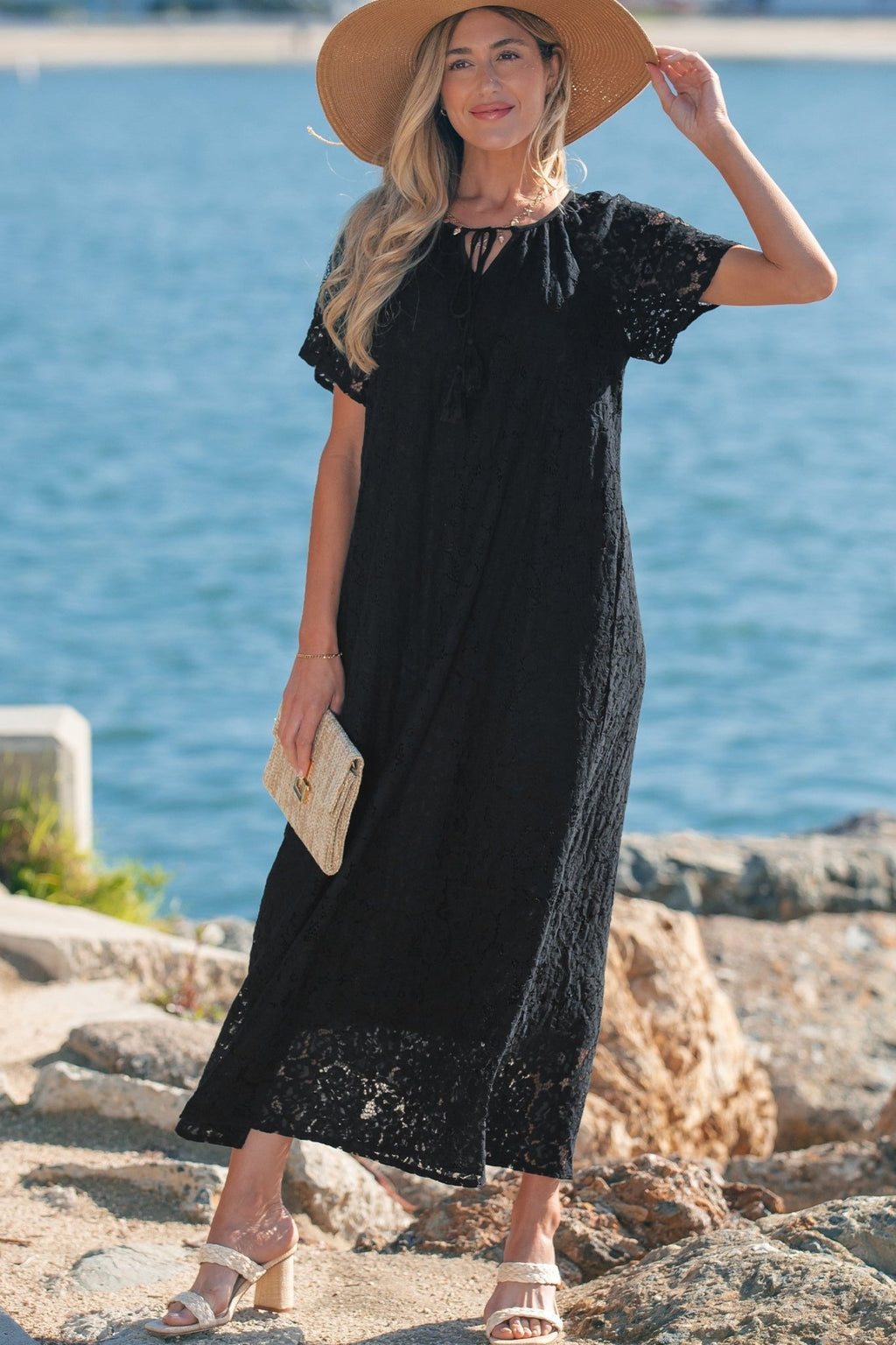 Lace Overlay Tassel Tie Short Sleeve Maxi Dress - Rooted & Reckless Co.