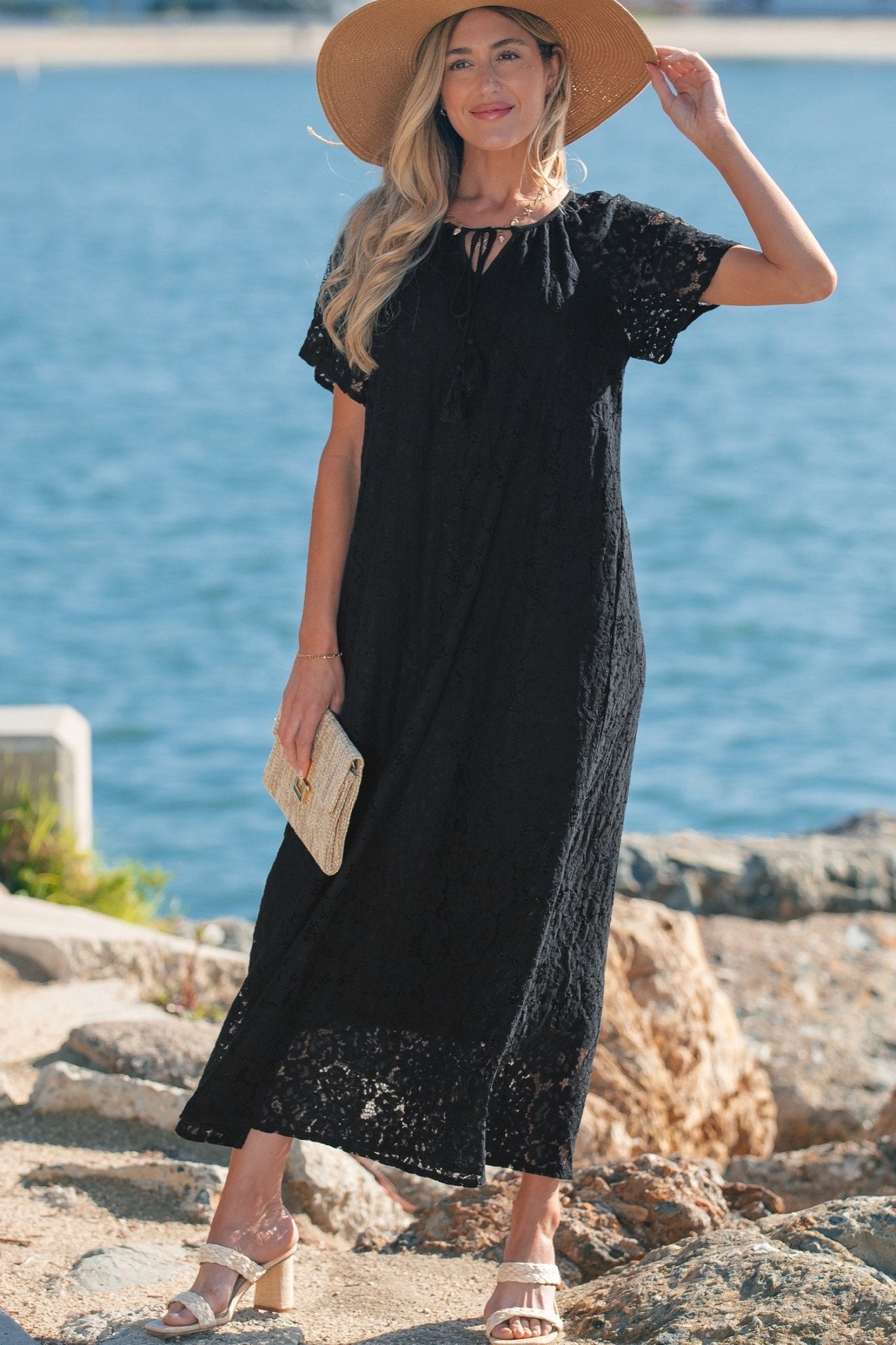 Lace Overlay Tassel Tie Short Sleeve Maxi Dress - Rooted & Reckless Co.