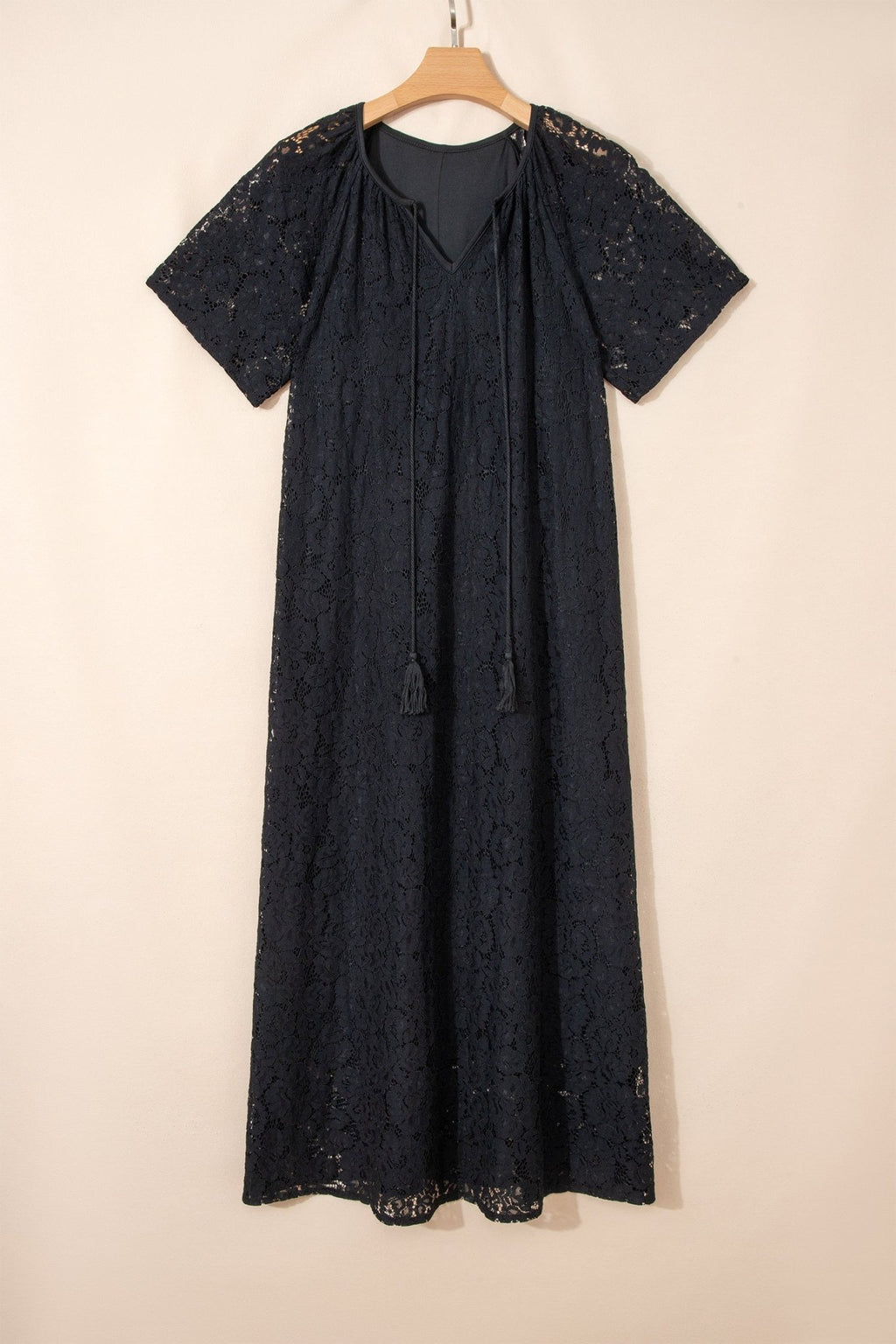 Lace Overlay Tassel Tie Short Sleeve Maxi Dress - Rooted & Reckless Co.
