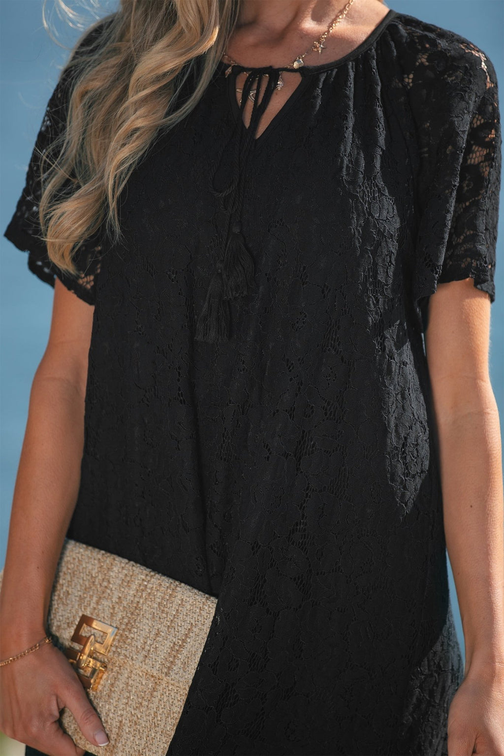 Lace Overlay Tassel Tie Short Sleeve Maxi Dress - Rooted & Reckless Co.