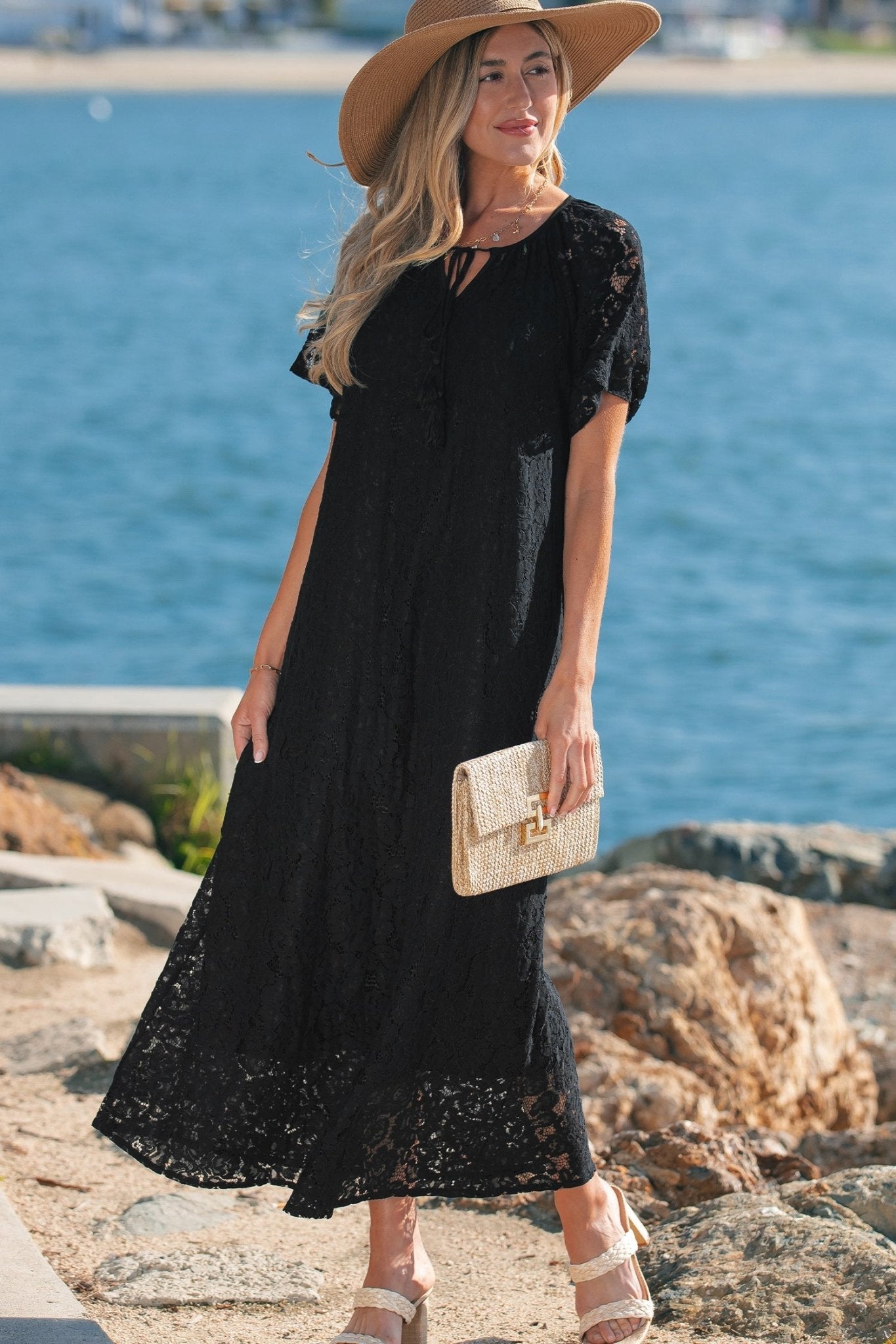 Lace Overlay Tassel Tie Short Sleeve Maxi Dress - Rooted & Reckless Co.